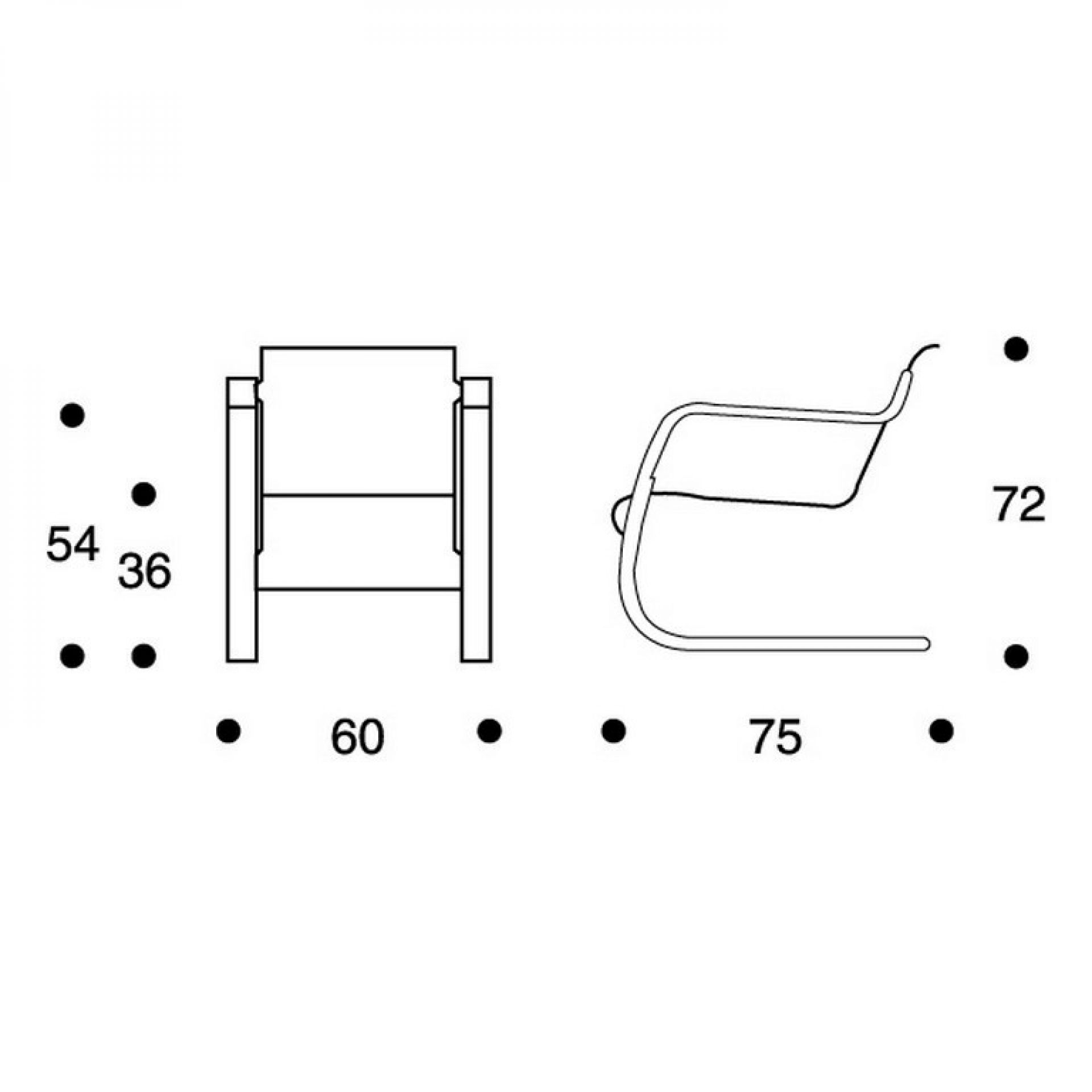 Artek 42 Sessel: Technische Zeichnung mit Maßen, Ansicht von vorne und der Seite, ideal für Architekten.
