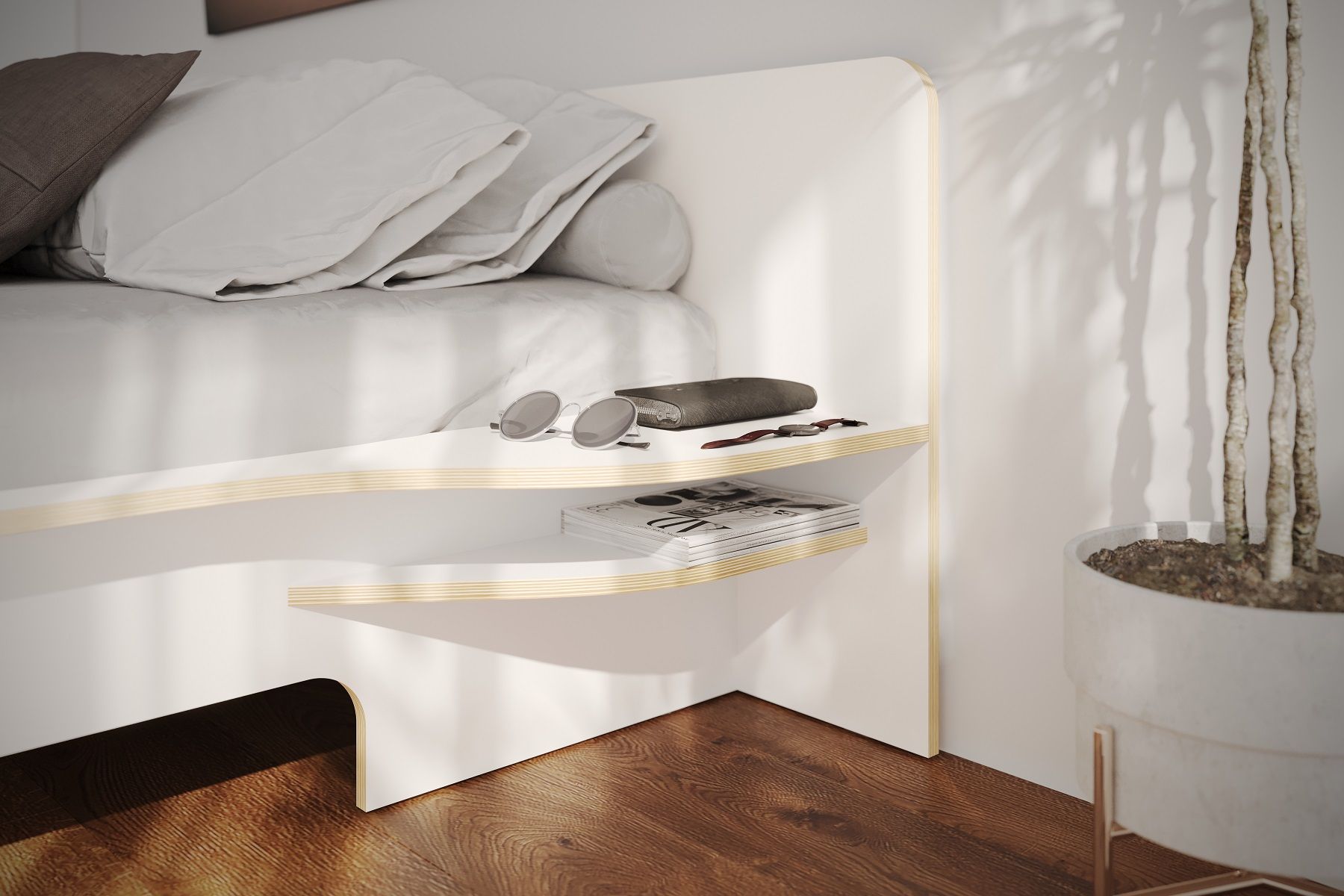 Detailaufnahme vom weißen Müller Möbelwerkstätten "Plane" Doppelbett mit Ablagefächern, ideal für moderne Schlafzimmer.