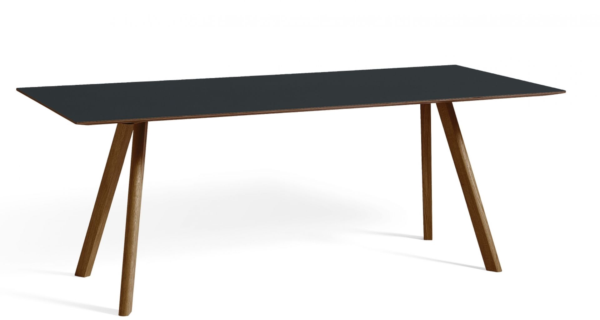 Copenhague Table CPH 30 von Hay mit dunkelgrauer Tischplatte und Holzbeinen auf weißem Hintergrund.