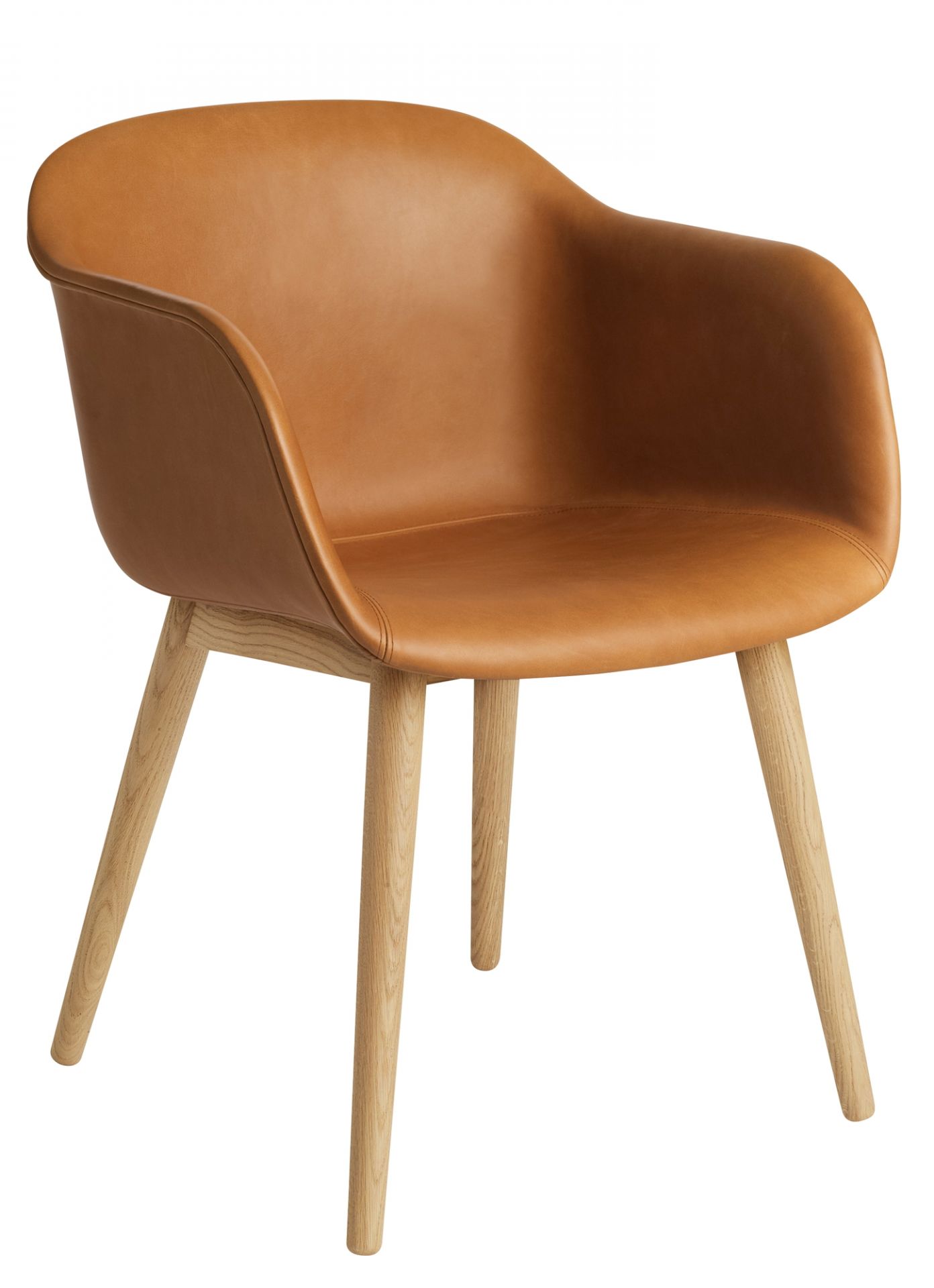 Muuto Fiber Armchair mit Holzbeinen, braunes Leder, moderner skandinavischer Design Stuhl für Esszimmer und Wohnbereich.