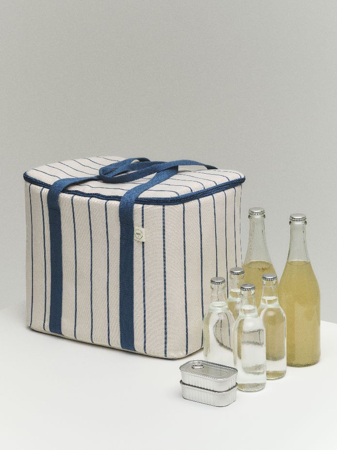 Koeltas voor buitenmarkten beige met blauwe strepen Hay