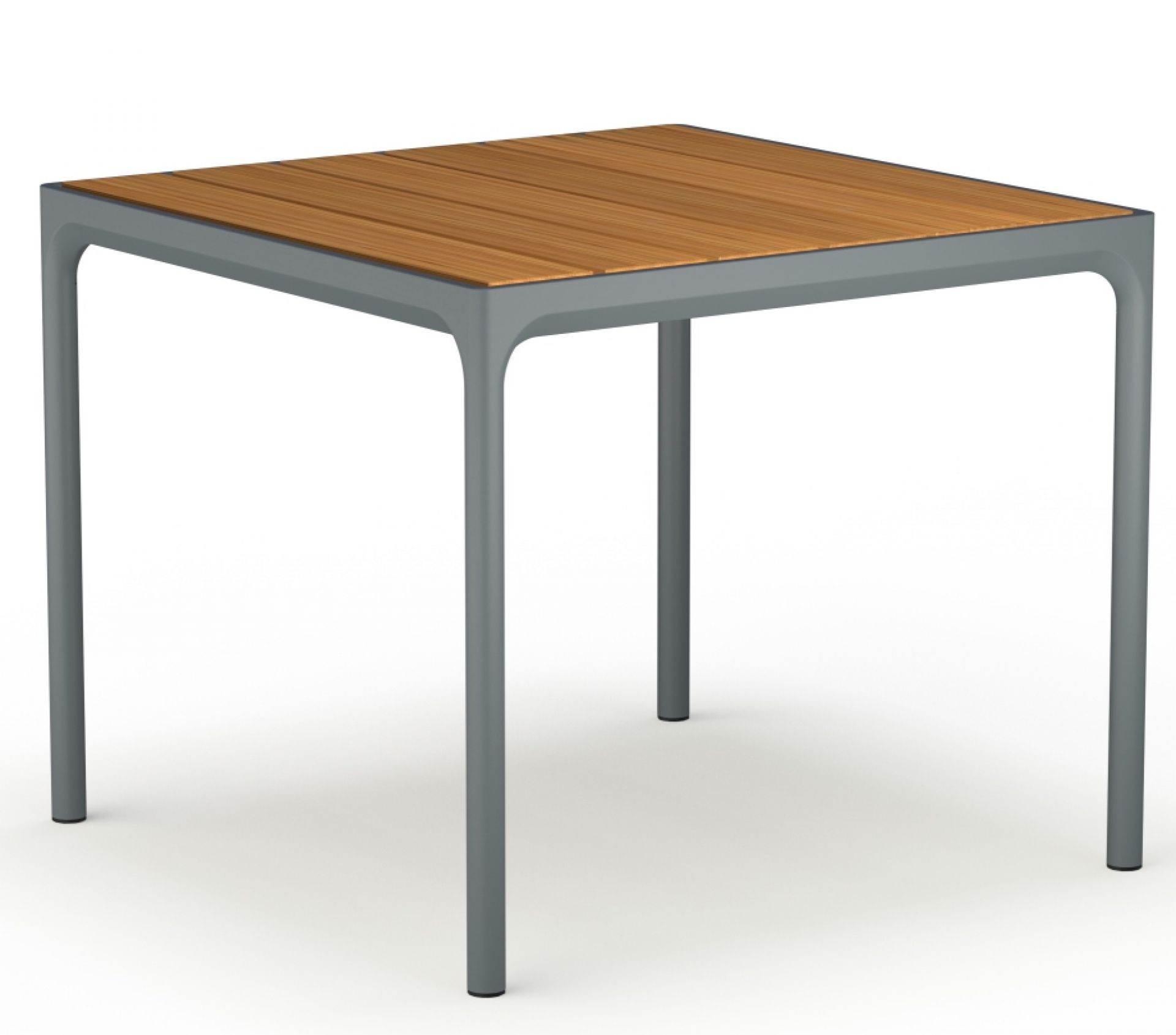 Quadratischer Four Dining Esstisch von Houe für den Außenbereich mit grauen Beinen und Holz-Tischplatte.