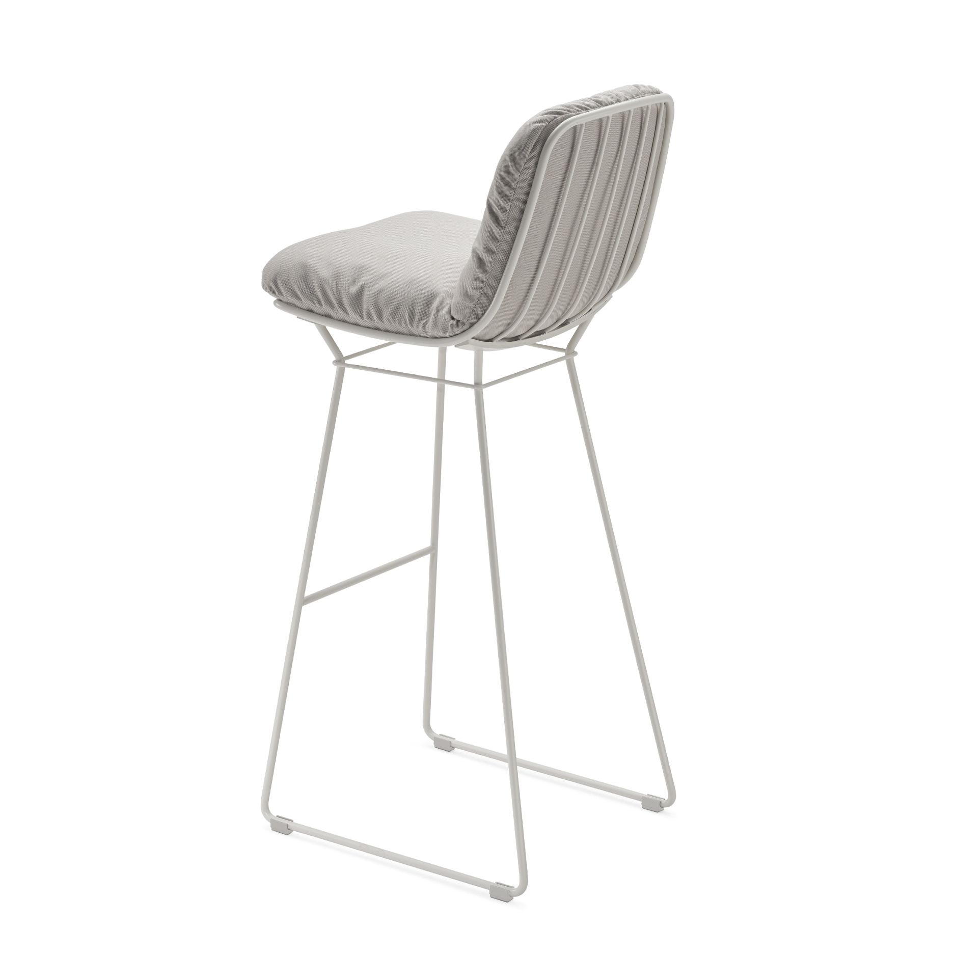 Leyasol Barhocker von Freifrau Manufaktur, grauer Stoffbezug, weißes Metallgestell, modernes Design für Küche und Bar.