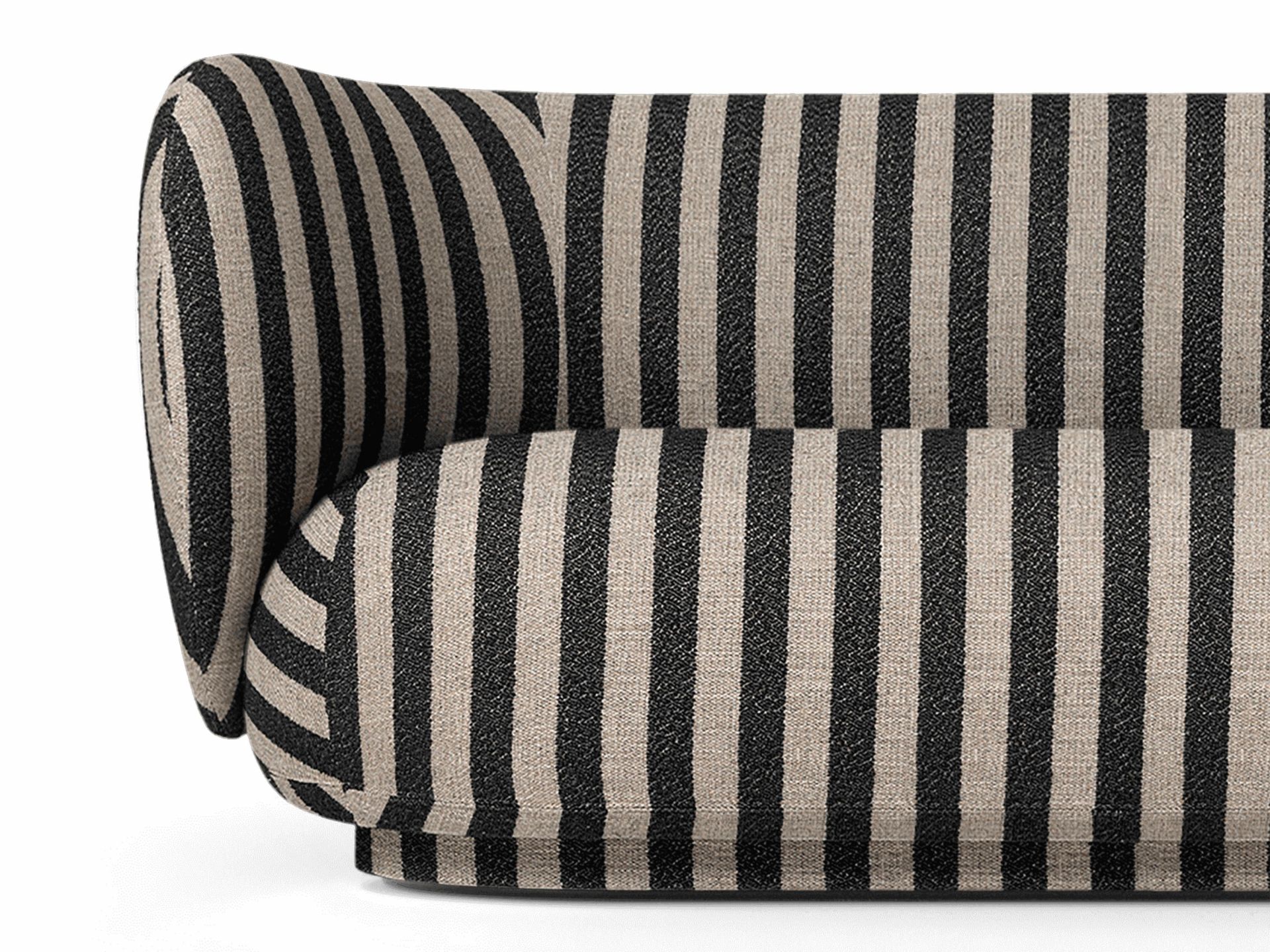 Detailaufnahme des Rico Sofas von Ferm Living, 4-Sitzer, Louisiana Stoff mit schwarzen Streifen.