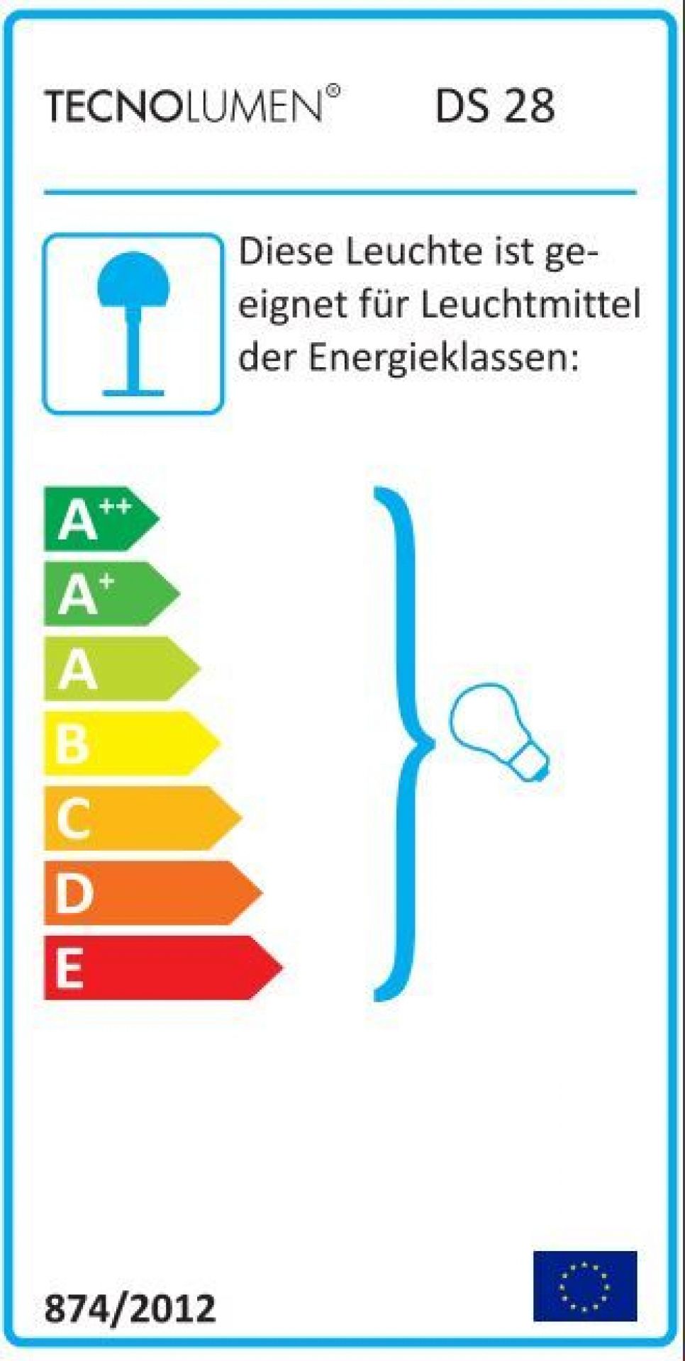 Energieeffizienzlabel der DS 28 / DS28 De Stijl Klavierleuchte von Tecnolumen. Geeignet für Leuchtmittel A++ bis E.