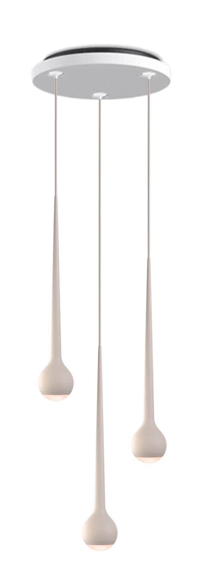 Moderne Falling Sun Pendelleuchte in Grau mit drei tropfenförmigen Lampenschirmen für stilvolle Innenraumbeleuchtung.