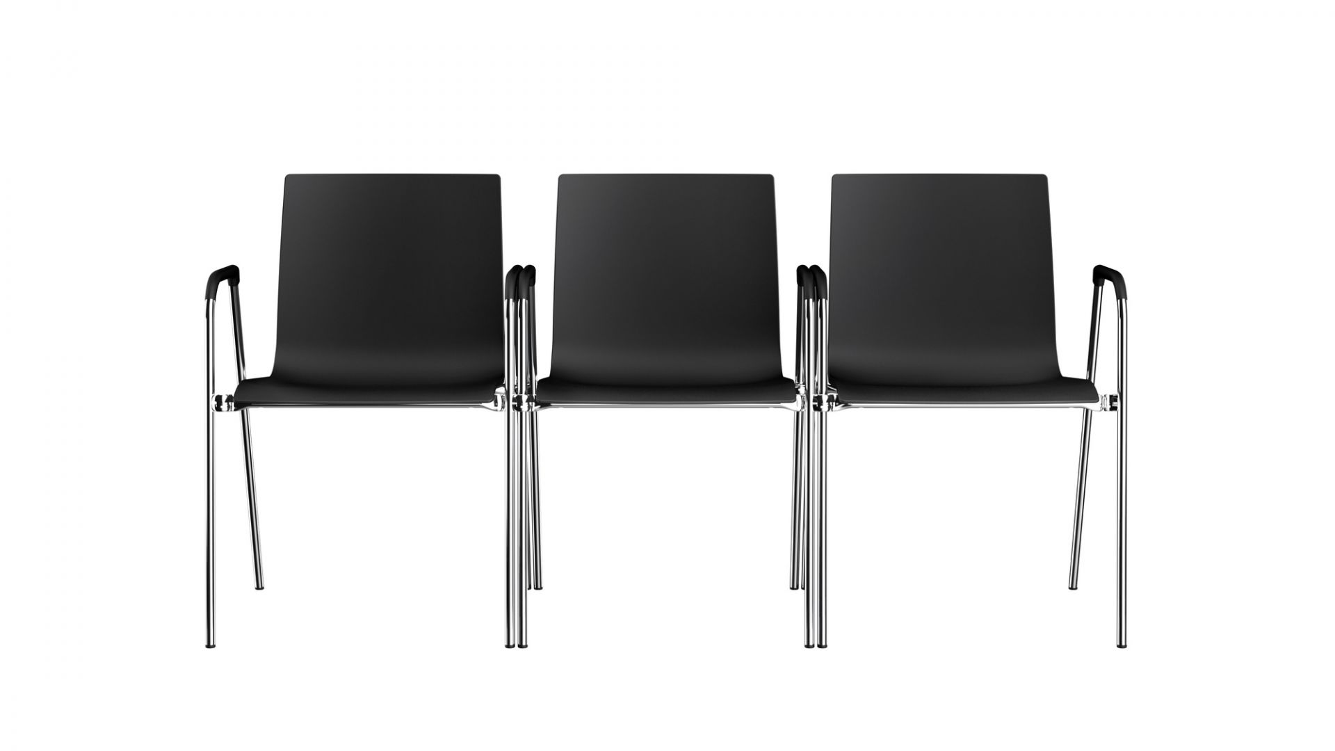 Drei schwarze Thonet S 260 F Stühle mit Armlehne und verchromtem Stahlrohrgestell vor weißem Hintergrund.