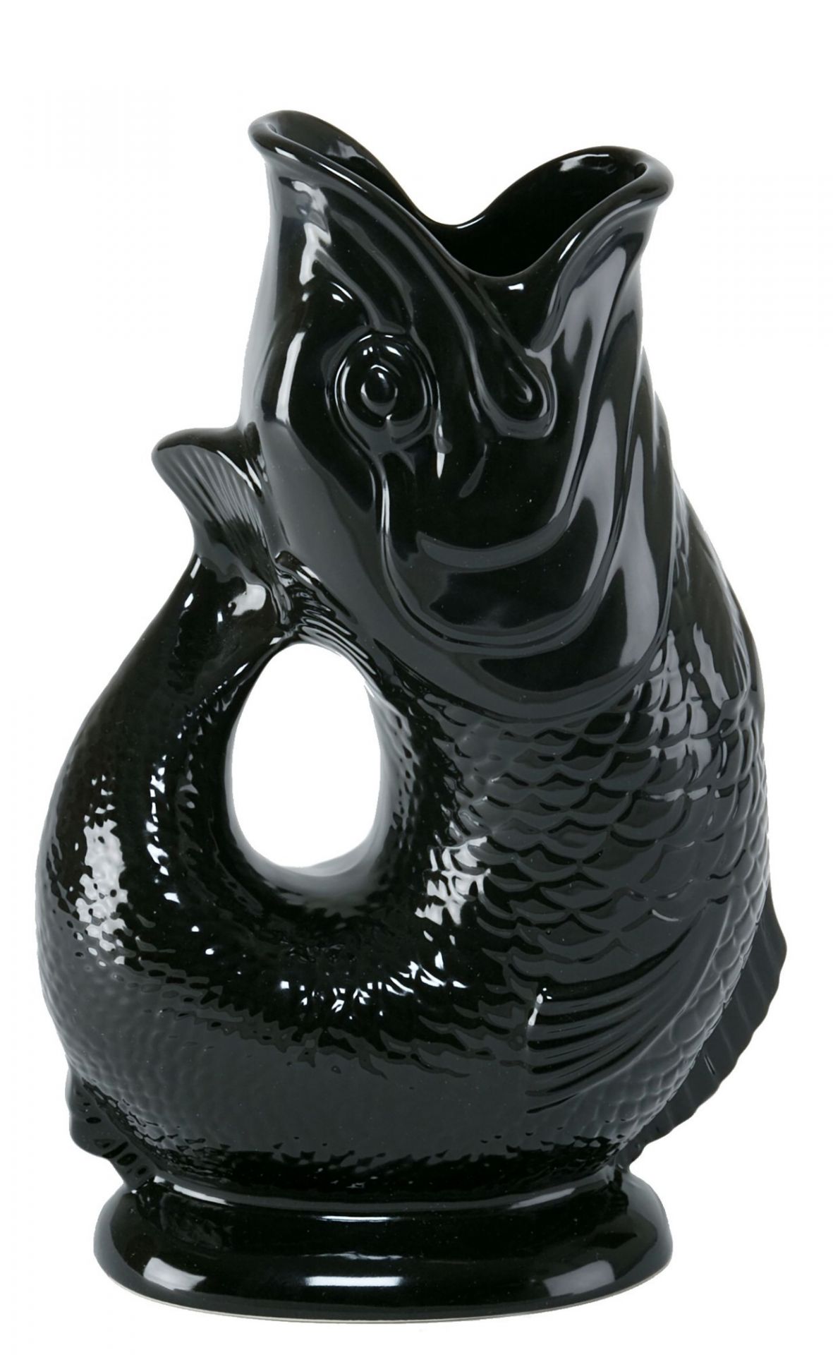 Schwarze Gluckigluck Karaffe in Fischform, XL Größe. Keramik Wasserkaraffe oder Vase für Blumen.