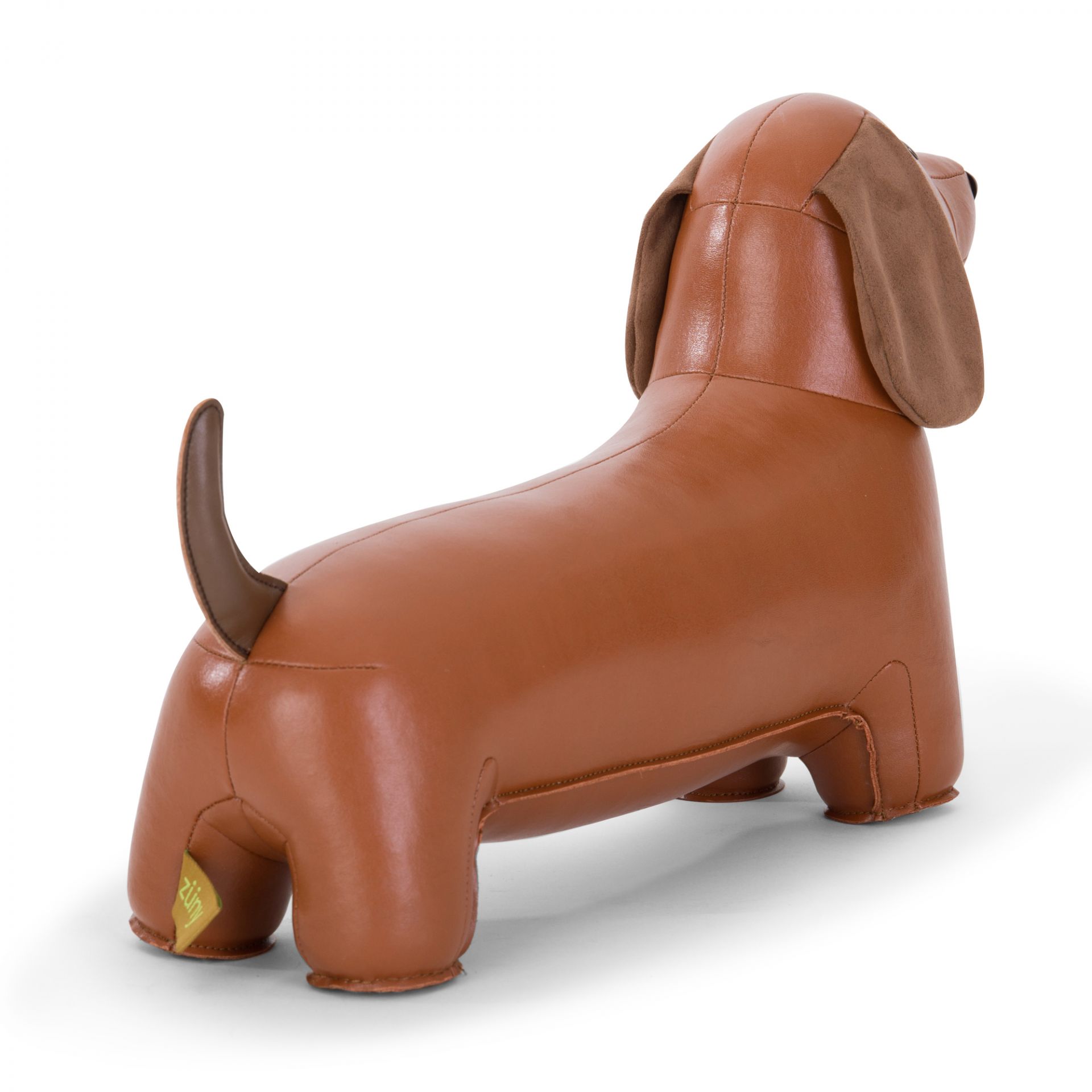 Türstopper Classic Dackel Tan/Braun von Züny, Lederimitat, Rückansicht. Dekorativer und praktischer Türhalter in Hundeform.