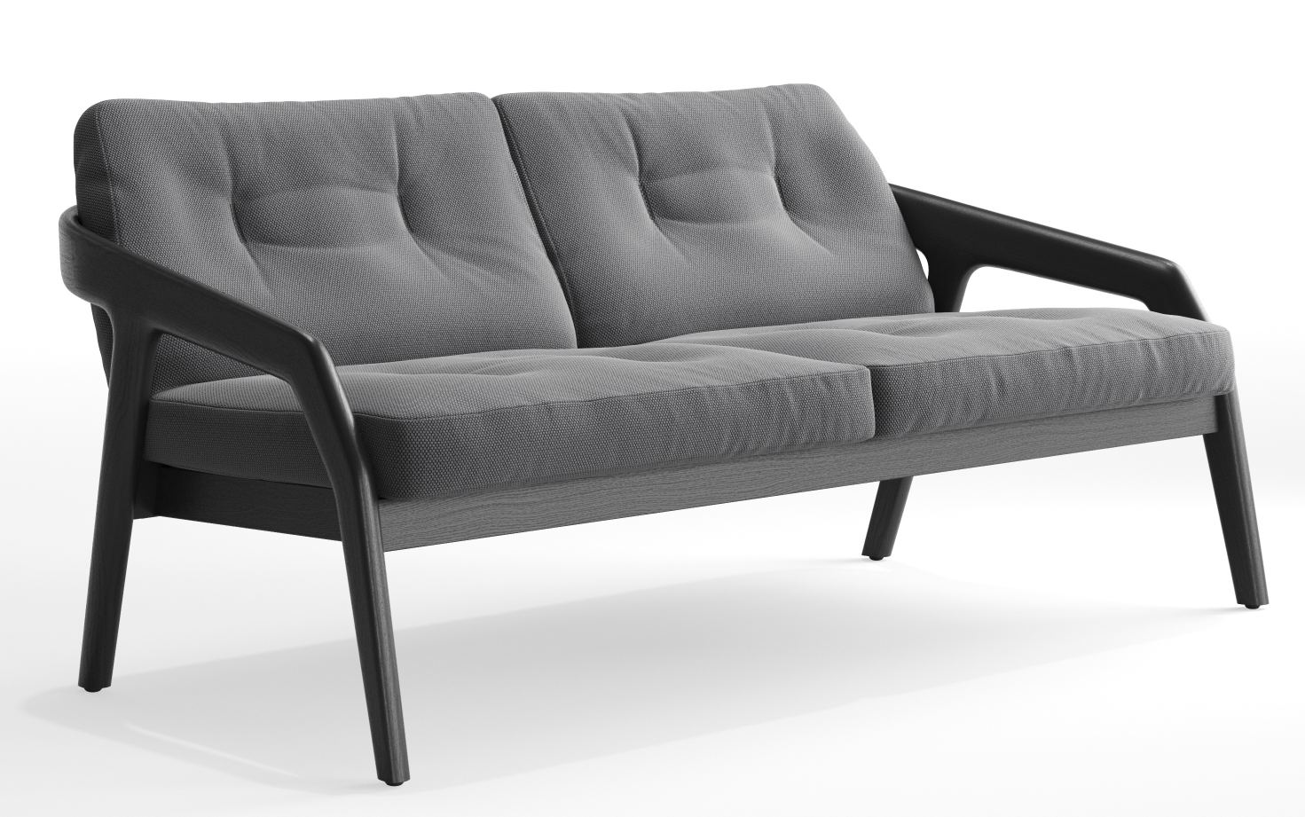Graues Friday 2 Sofa 2-Sitzer der Marke Zeitraum mit dunklem Holzrahmen und bequemen Polstersitzen.