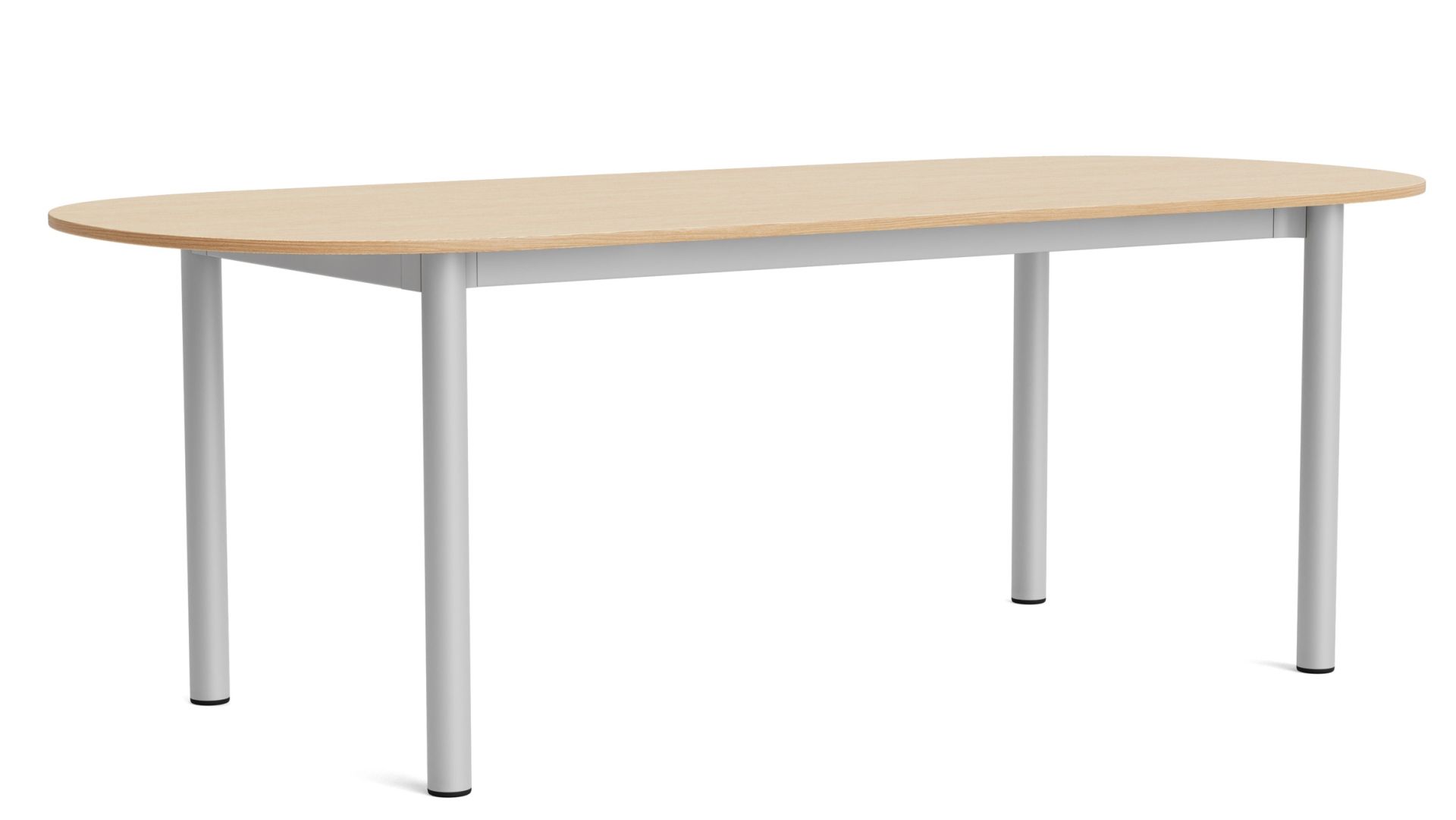 Annex Table von Hay: Ovaler Esstisch mit heller Holzplatte und grauen Metallbeinen, freistehend.