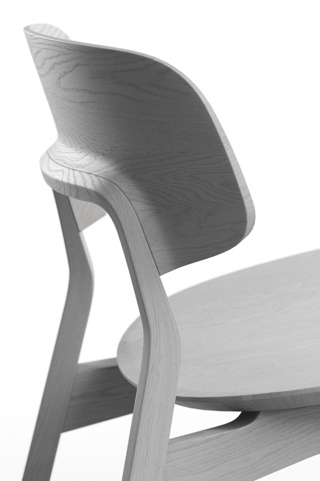 Detailaufnahme des Nonoto Lounge Chair: Holzstuhl, Cocktailsessel mit geschwungener Rückenlehne und Sitzfläche.