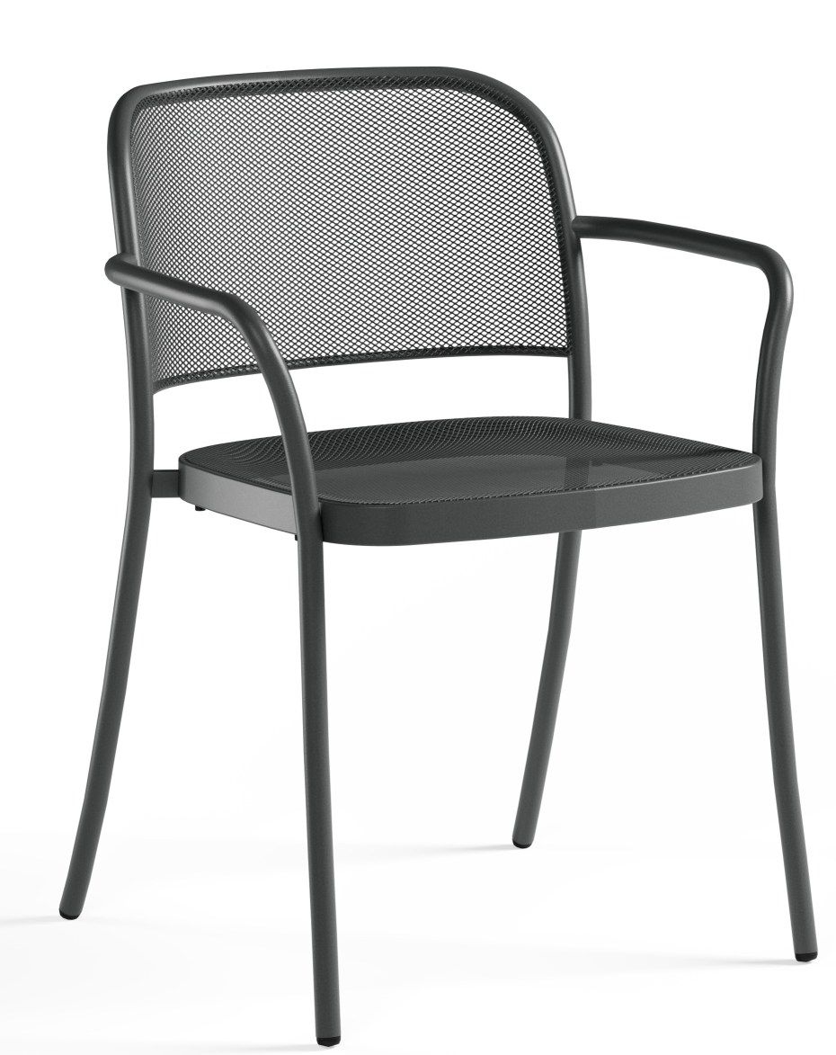 Café Armchair von Emu: Grauer Outdoor-Stuhl mit Armlehnen und Netzstruktur für Garten und Terrasse.
