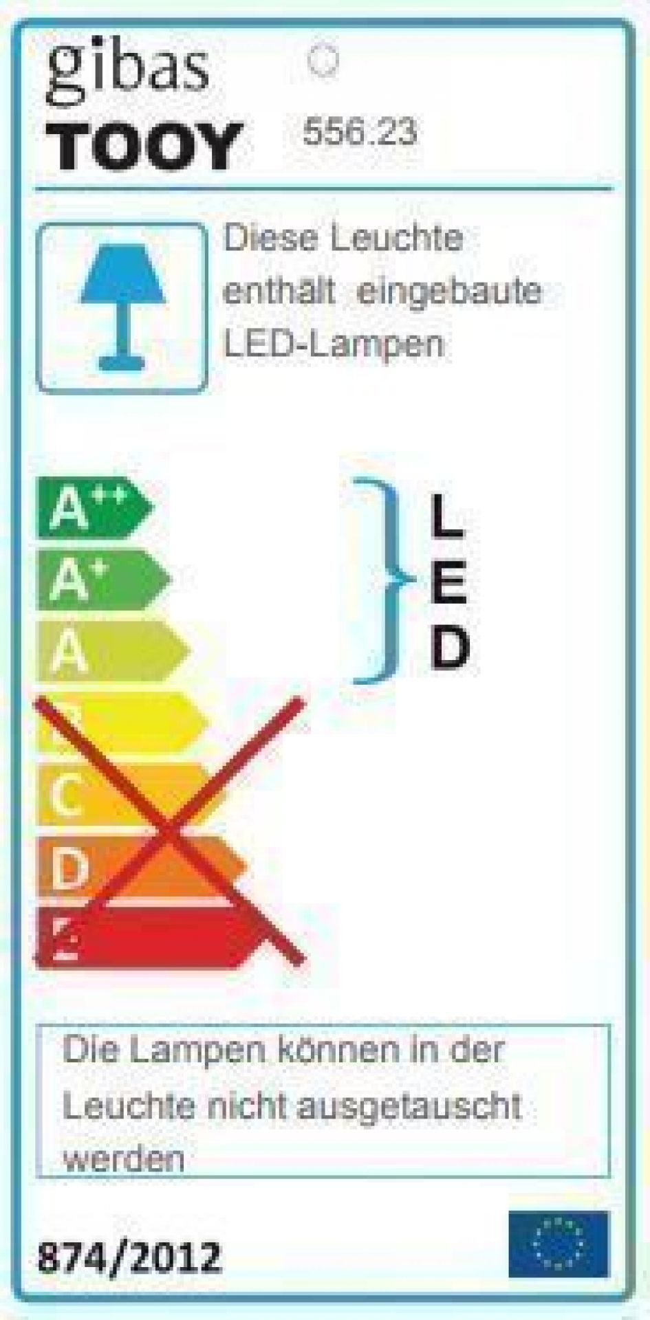 Energieeffizienzlabel der Tooy Molly Pendelleuchte 556.23 mit integrierten LED-Lampen, die nicht austauschbar sind.