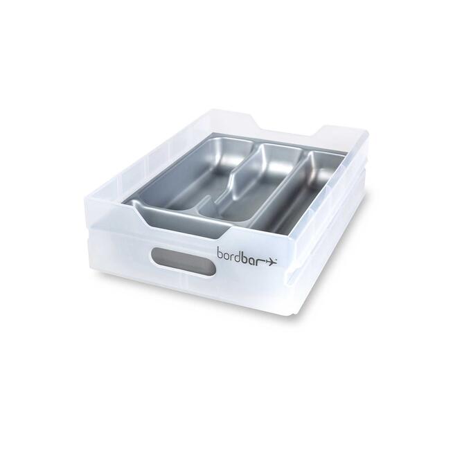 Bordbar Kaffee Equipment Set: Schublade mit Fächern für Kaffeezubehör, silberfarbenes Innenleben.