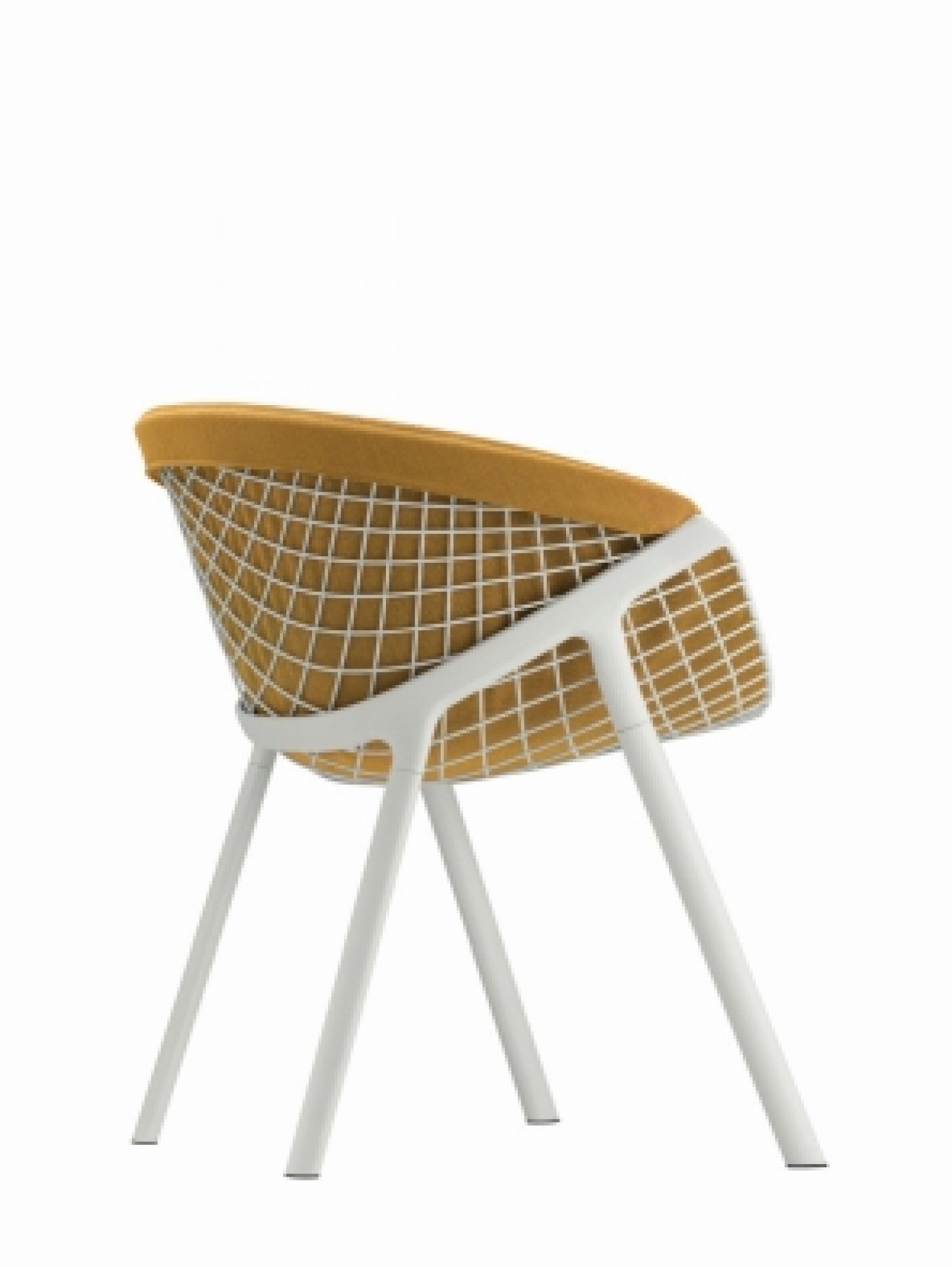Kobi Chair: Moderner Stuhl mit gelbem Sitzpolster, weißem Drahtgeflecht und weißen Beinen, Rückansicht.
