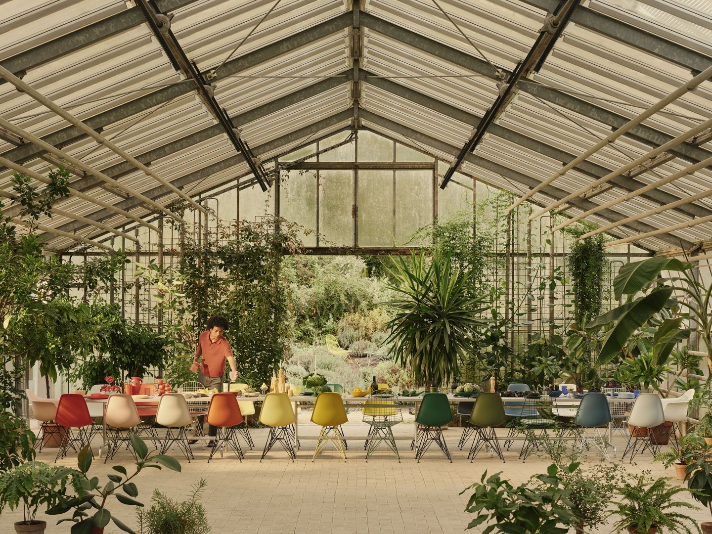 Eames DSR Stühle von Vitra in verschiedenen Farben um einen Tisch in einem Gewächshaus.