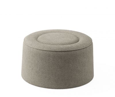 Beiger Praline Hocker von Woud, runder Pouf mit weichem Bezug, modernes Möbelstück.