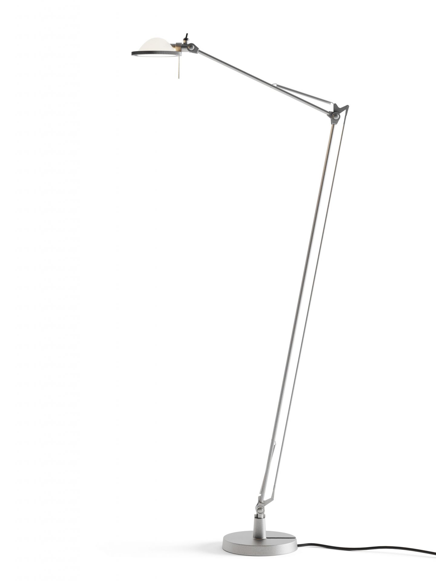 Silberne Luceplan Berenice Stehleuchte mit Glasreflektor, verstellbarem Arm und rundem Fuß für flexibles Licht.