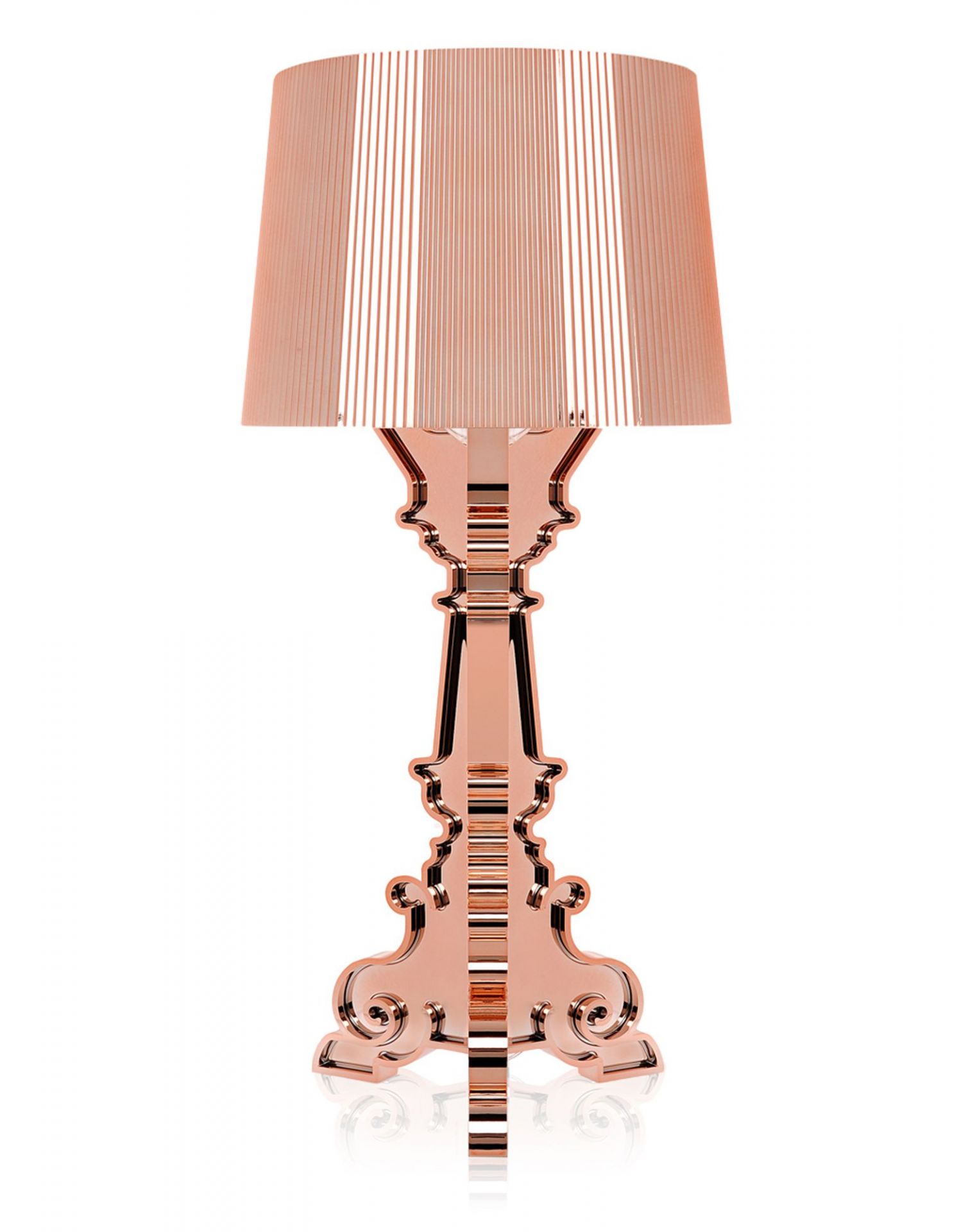 Bourgie Tischleuchte in metallisiertem Kupfer: Elegante Designleuchte mit plissiertem Lampenschirm und dekorativem Fuß.