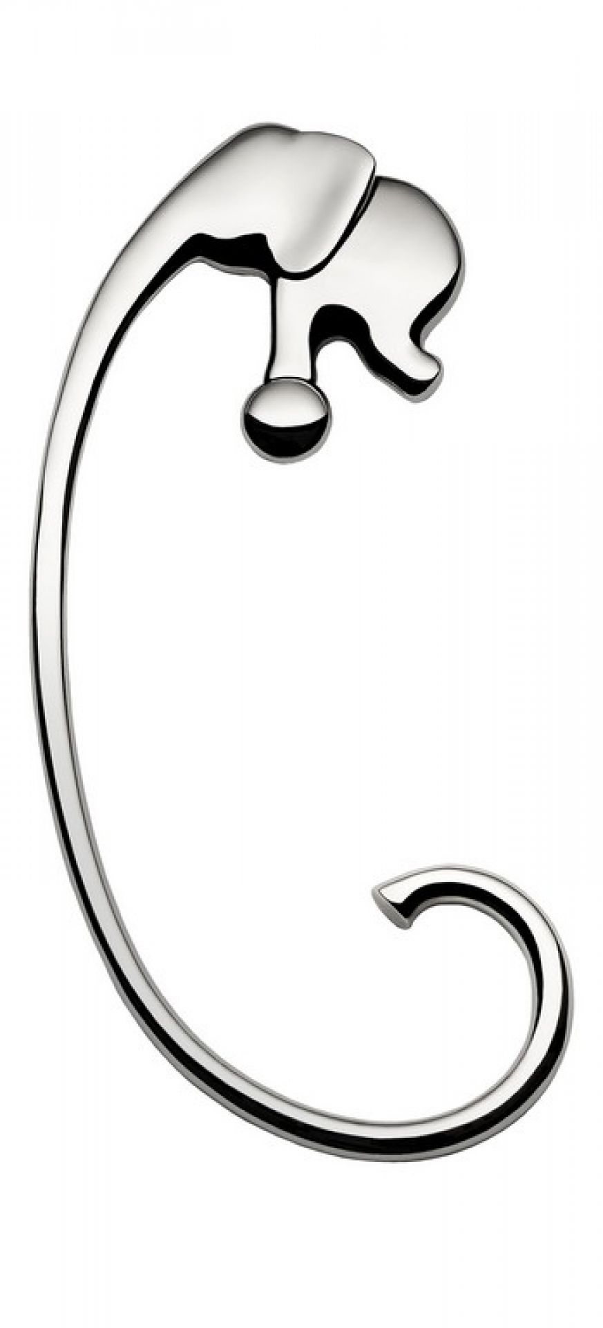 Alessi Taschenhaken mit Elefantenmotiv, glänzend poliert. Praktischer Taschenhalter für Tischkanten.