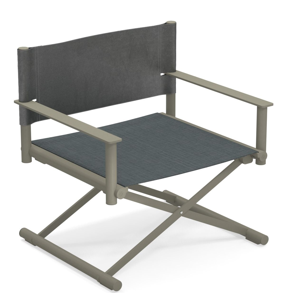 Emu Terra Lounge Chair Outdoor Sessel mit Armlehnen und grauem Stoffbezug, modernes Design.