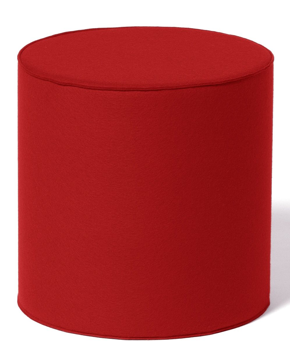 Roter, zylinderförmiger Sitzhocker aus Filz, ideal als Fußhocker oder Beistelltisch für moderne Wohnräume.