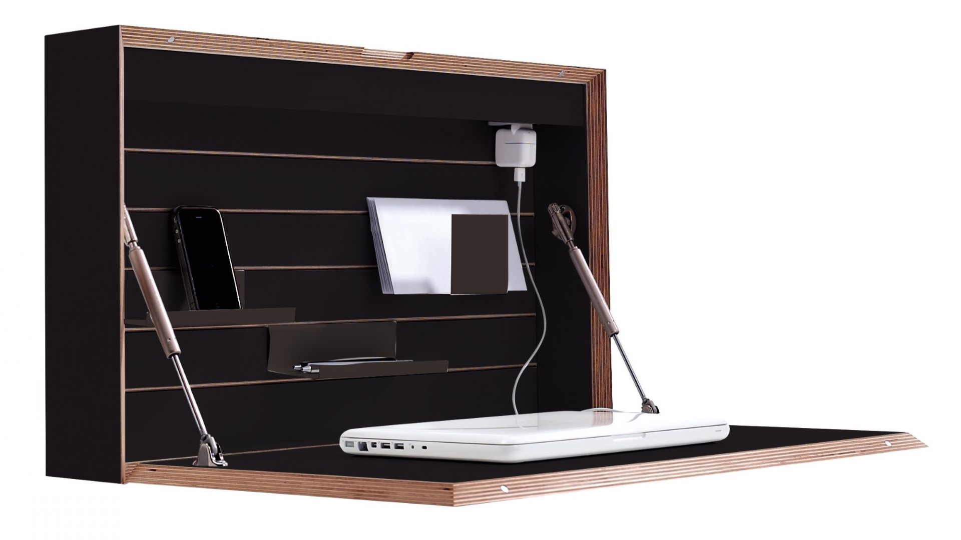 Flatbox Sekretär von Müller Möbelwerkstätten, geöffnet, mit Laptop, Smartphone und Büromaterial für das Homeoffice.