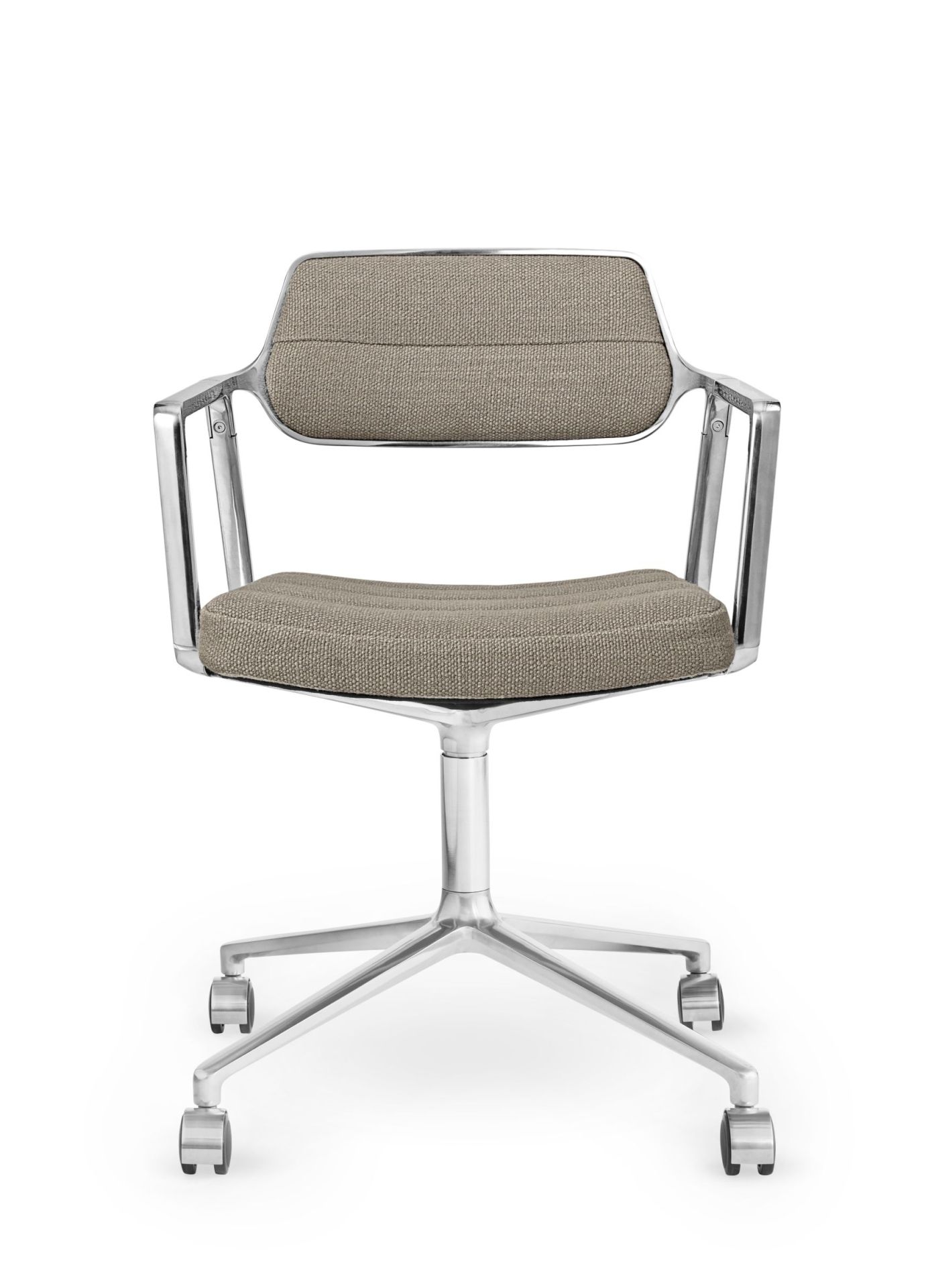 Vipp 453 / Vipp453 Draaistoel DONKERZAND TEXTIEL / GEPOLIJST ALUMINIUM FRAME MET WIELTJES Vipp UNIEK EXEMPLAAR
