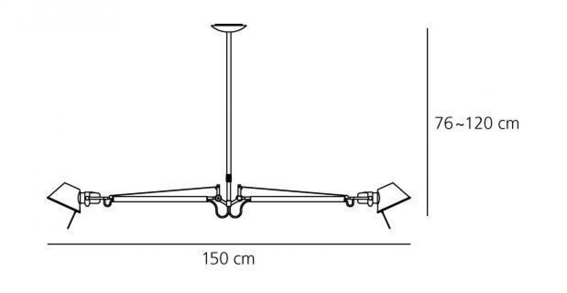 Skizze der Artemide Tolomeo Sospensione Pendelleuchte mit zwei Armen und Maßangaben für E-Commerce.