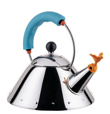 Alessi Wasserkessel 9093/1 LAZ aus Edelstahl mit blauem Griff und Vogelpfeife.