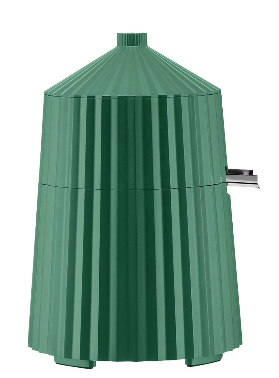 Grüne Alessi Zitronenpresse MDL07 mit Plissee-Design. Elektrische Saftpresse für frischen Zitronensaft.