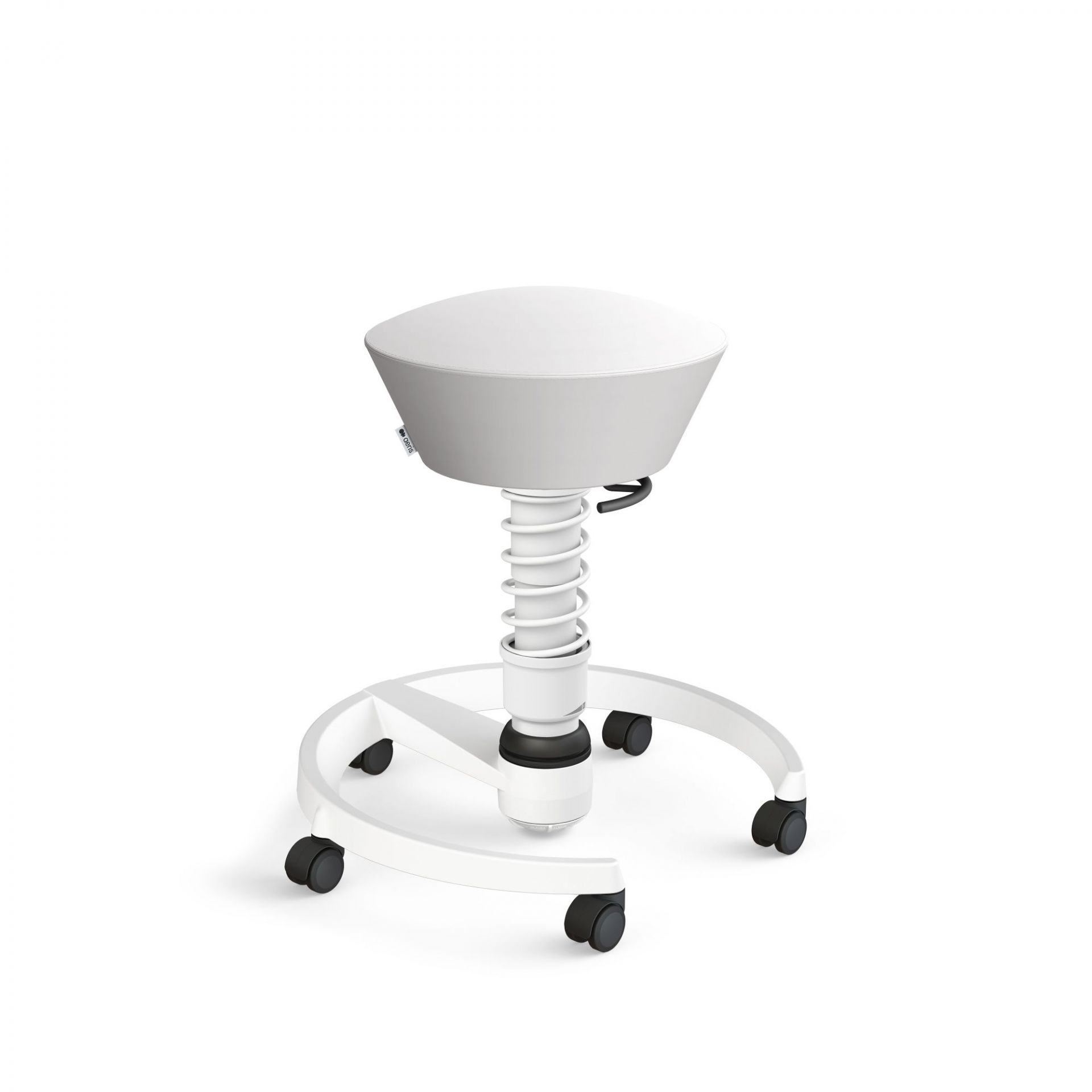 Weißer Bürohocker mit Rollen, höhenverstellbar und ergonomisch für dynamisches Sitzen im Büro.