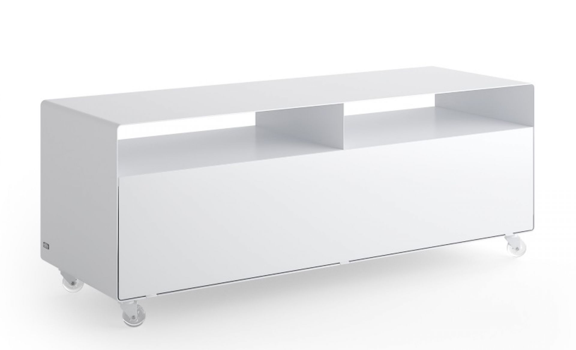 Weißes R 109N Sideboard von Müller Möbelfabrikation mit Rollen. Modernes, minimalistisches Design für Wohnzimmer und Büro.