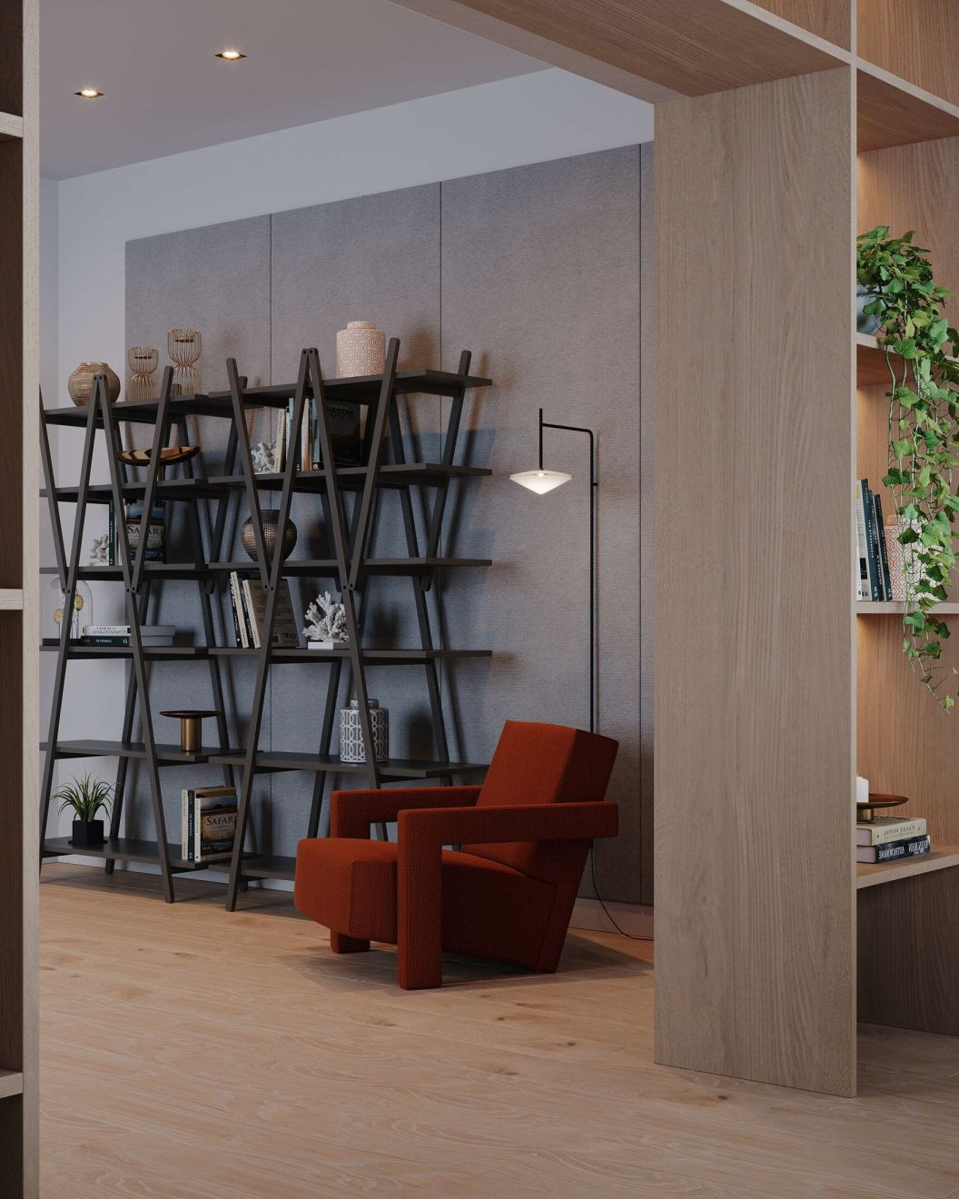 Oranger 637 Utrecht Sessel von Cassina vor Bücherregal und Stehlampe in modernem Wohnzimmer.