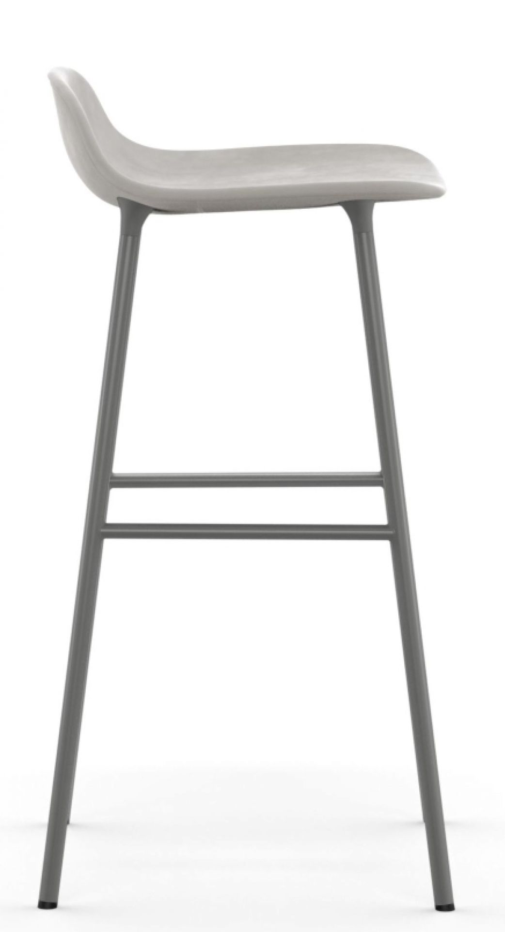 Grauer Form Barhocker von Normann Copenhagen, gepolsterter Sitz und Stahlgestell, modernes Design für Küche oder Bar.