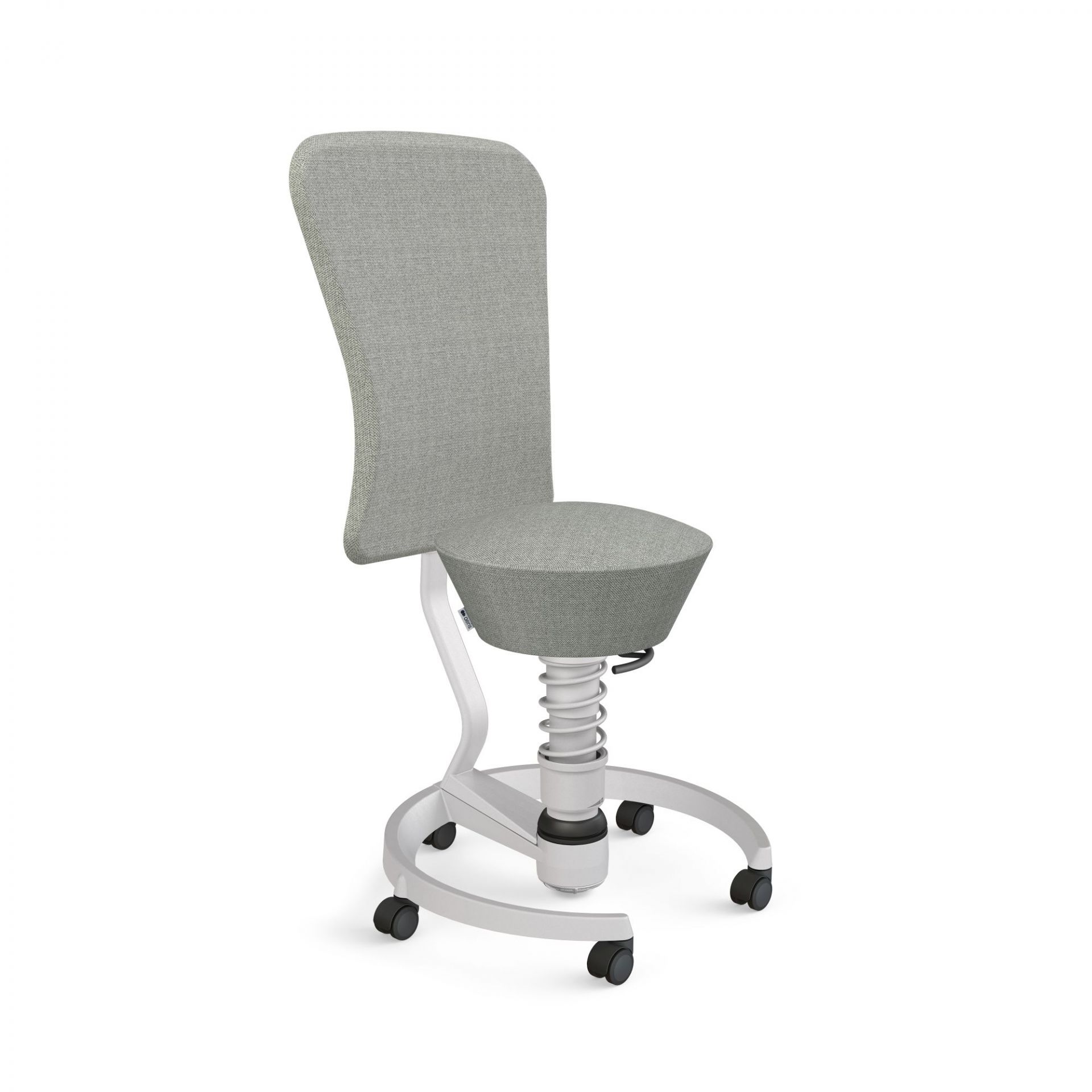 Grauer Bürostuhl mit Stoffbezug, Federung und Rollen für ergonomisches Sitzen im Büro.