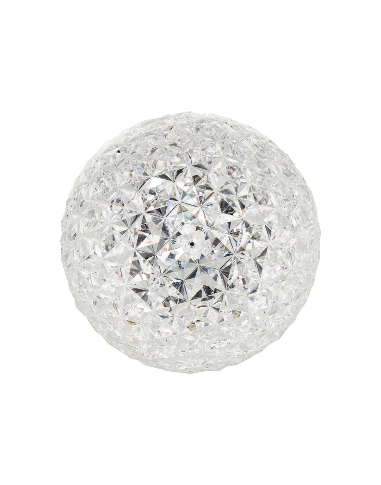 Planet Stehleuchte LED von Kartell: Runde, transparente Designerlampe mit facettierter Oberfläche.