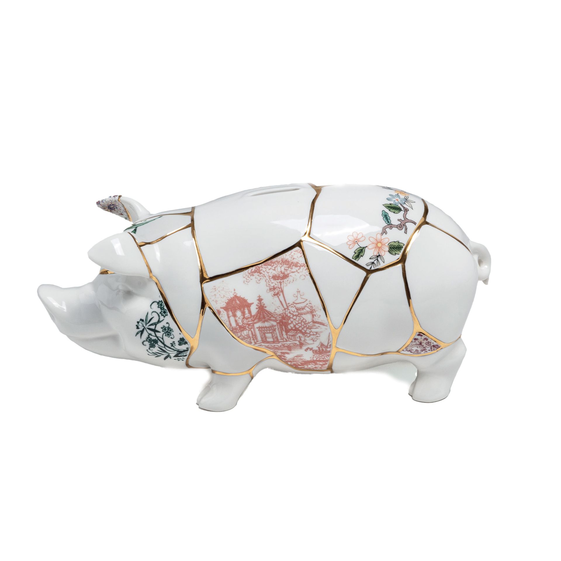 Kintsugi Spardose in Schweinchenform von Seletti, weiße Keramik mit goldenen Reparaturstellen und floralen Mustern.