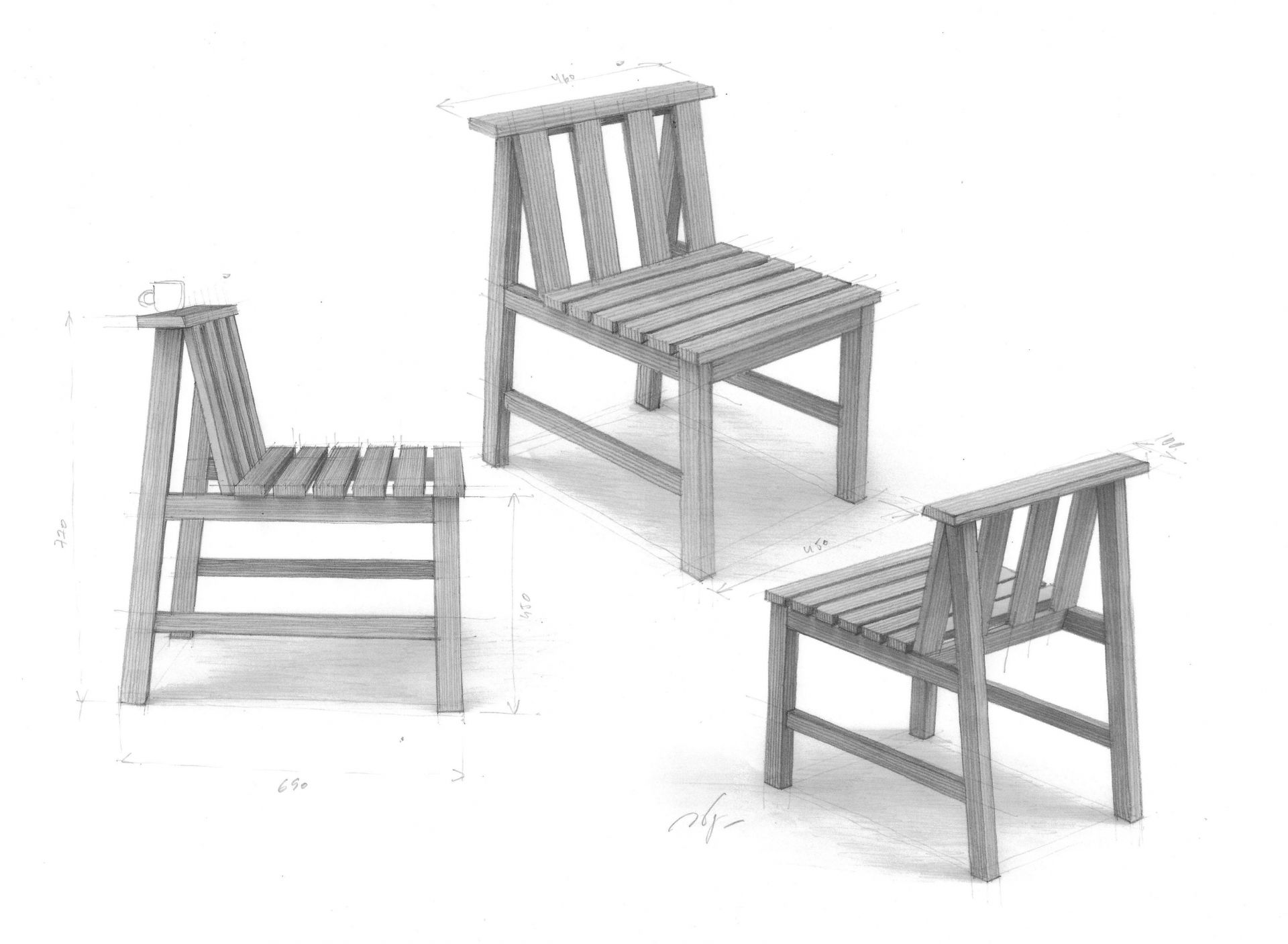 Skizze des Cadence Stuhls von Skagerak by Fritz Hansen, Teakholz Gartenstuhl mit Lattenrost, Outdoor Möbel.
