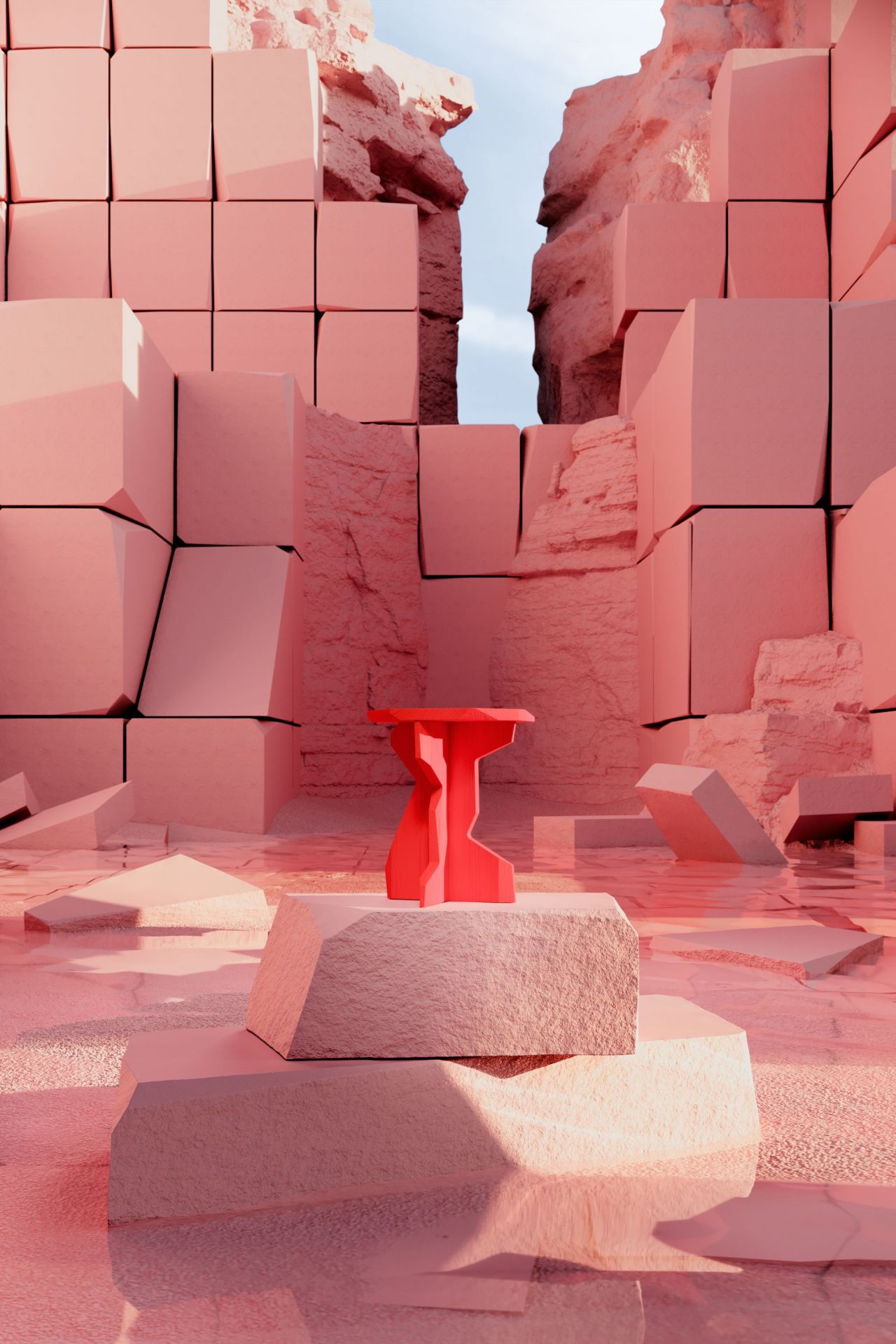 Roter FELS Hocker Esche Out auf einem rosa Felsblock vor rosa Felsformationen.