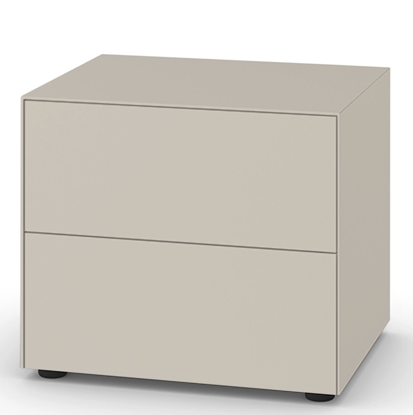 Piure Nex Pur Box Board Nachttisch mit zwei Schubladen in Beige, modernes Schlafzimmermöbel.
