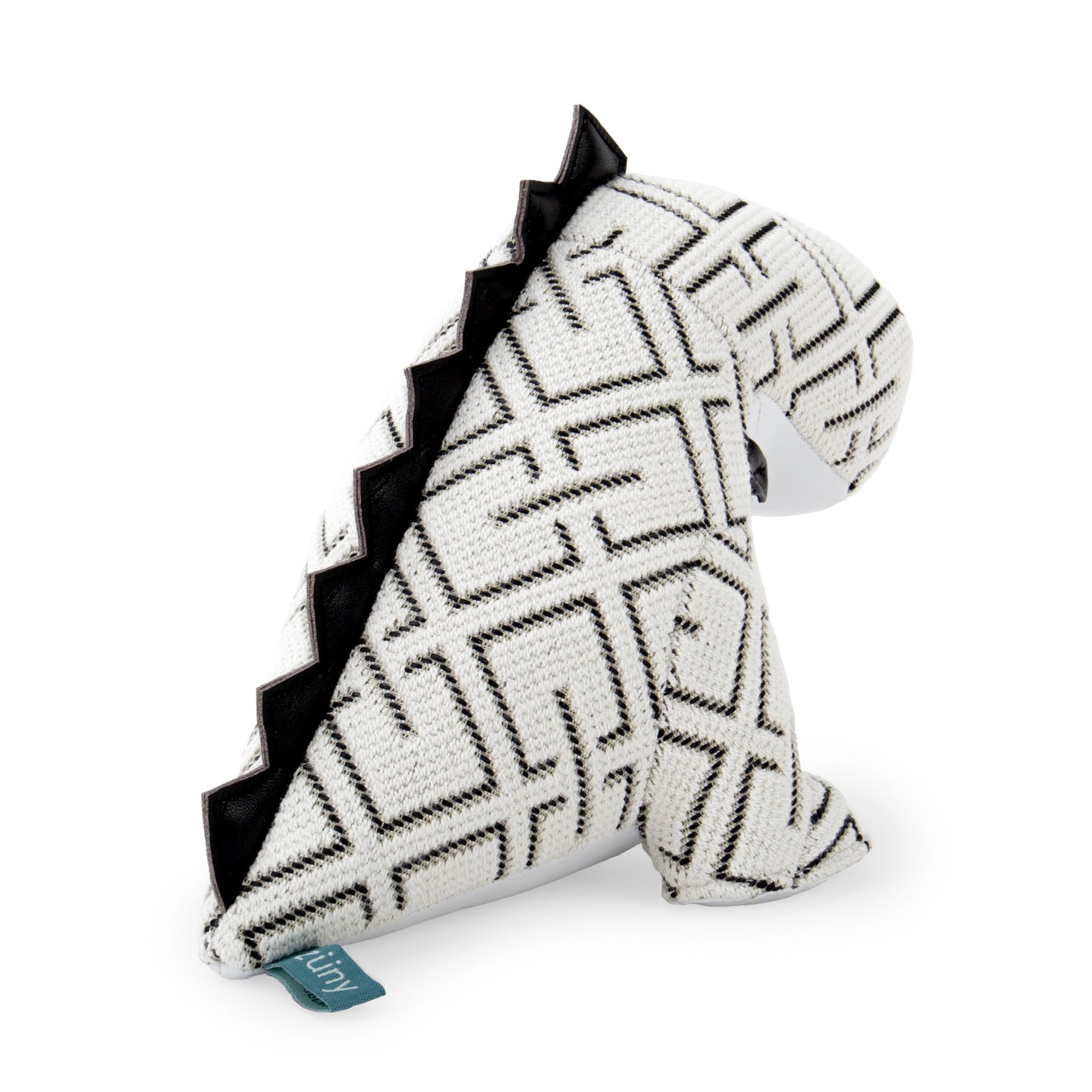 Buchstütze Dinosaurier Bobo Grid Weiß von Züny x KVADRAT, Stofftier mit geometrischem Muster und schwarzen Akzenten.