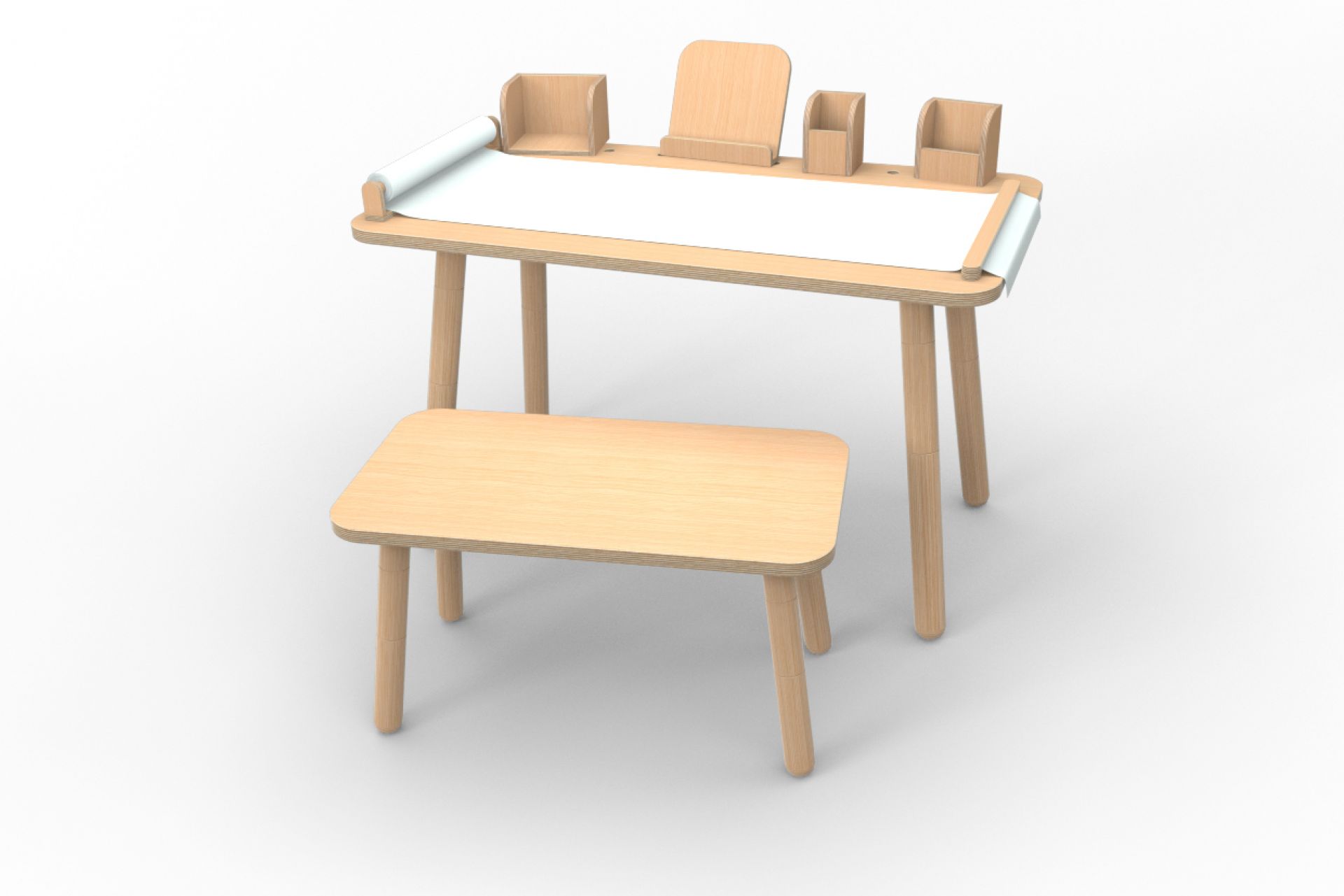 Growing Table aus Buche mit Papierrolle und Hocker für Kinderzimmer.