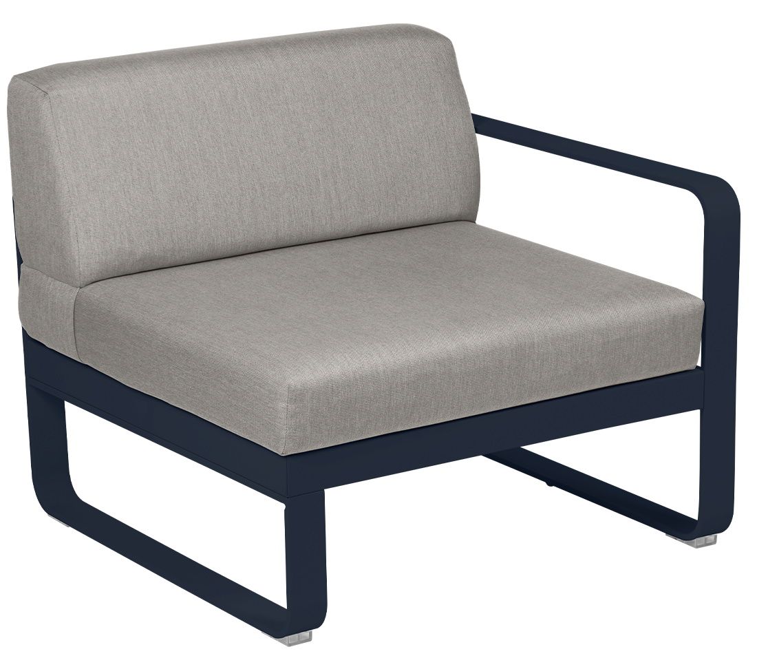 Bellevie Fermob Outdoor Sofa 1-Sitzer Modul rechts, modernes Design mit grauem Stoffbezug und blauem Metallrahmen.