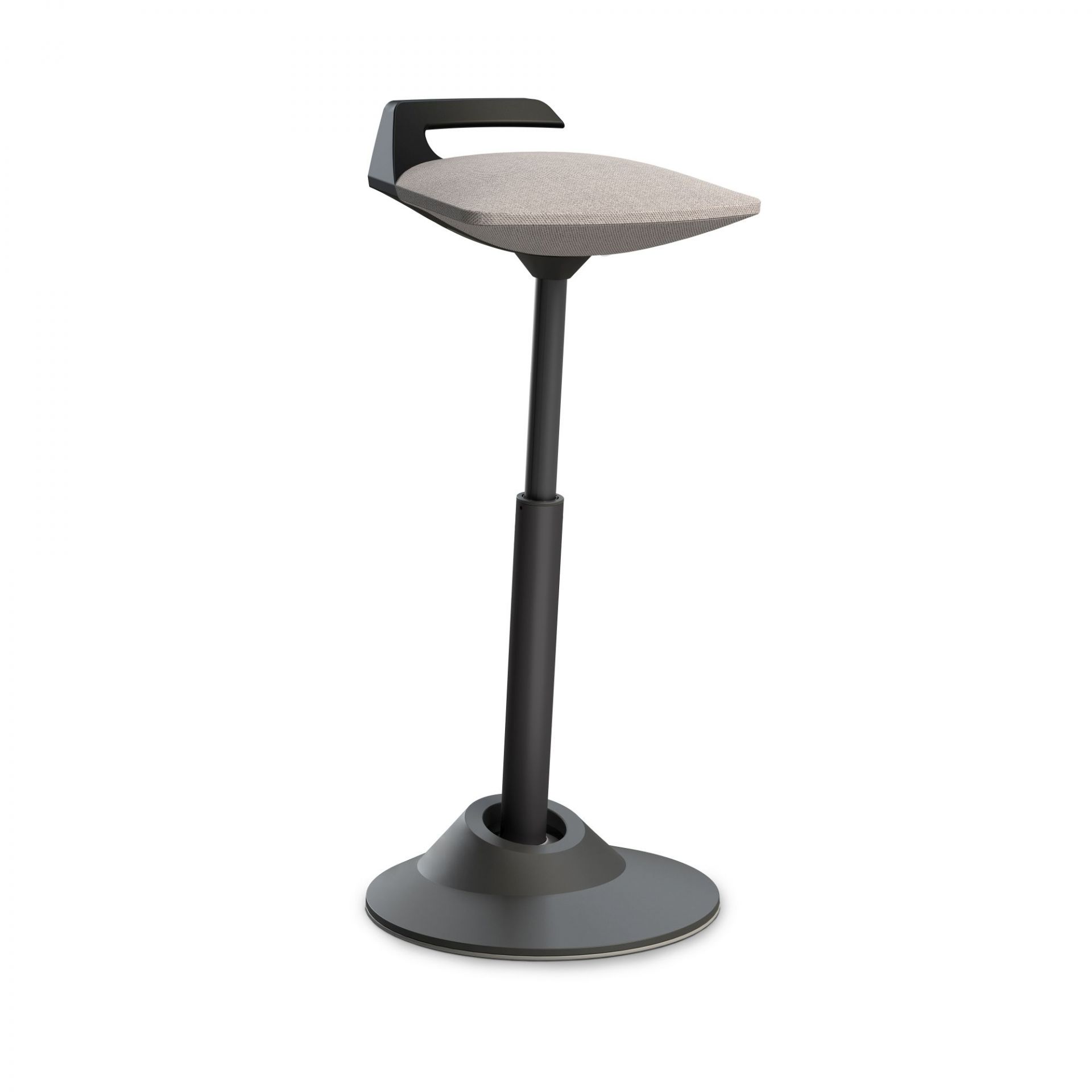 Ergonomischer Stehhocker mit grauem Stoffbezug und schwarzem Gestell für Büro und Homeoffice.