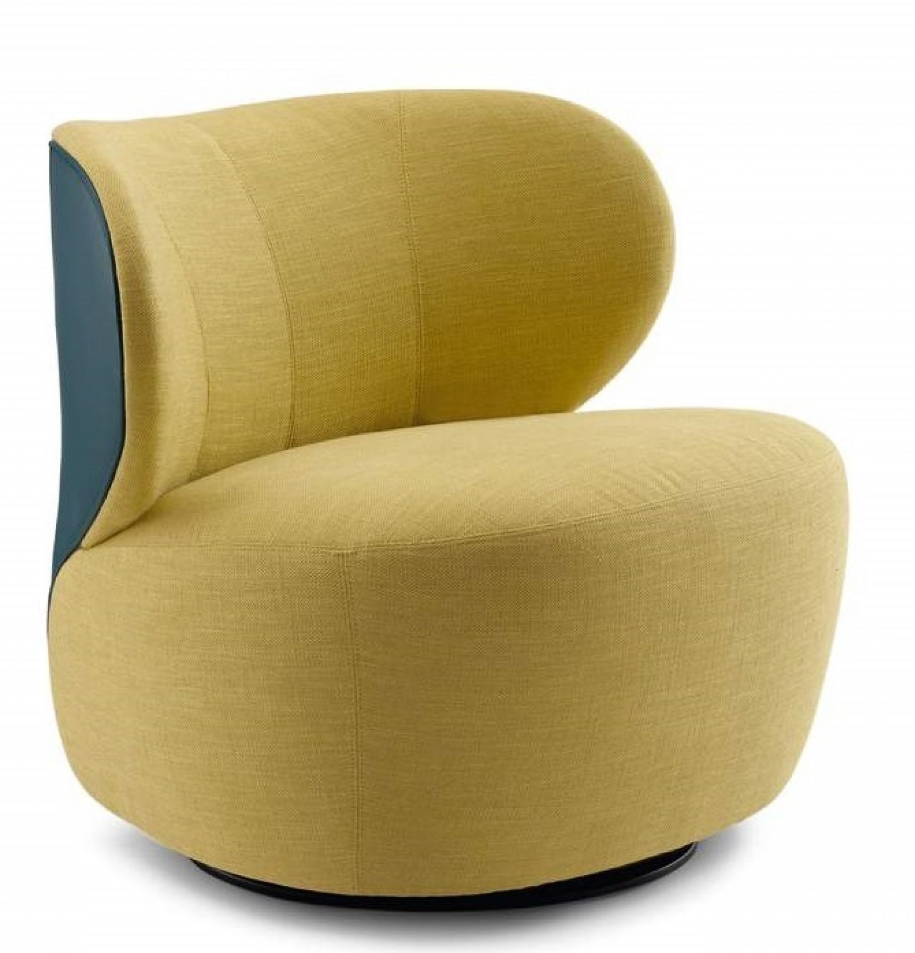 Gelber Bao Sessel von Walter Knoll, moderner Drehsessel mit blauem Akzent, Stoffbezug.
