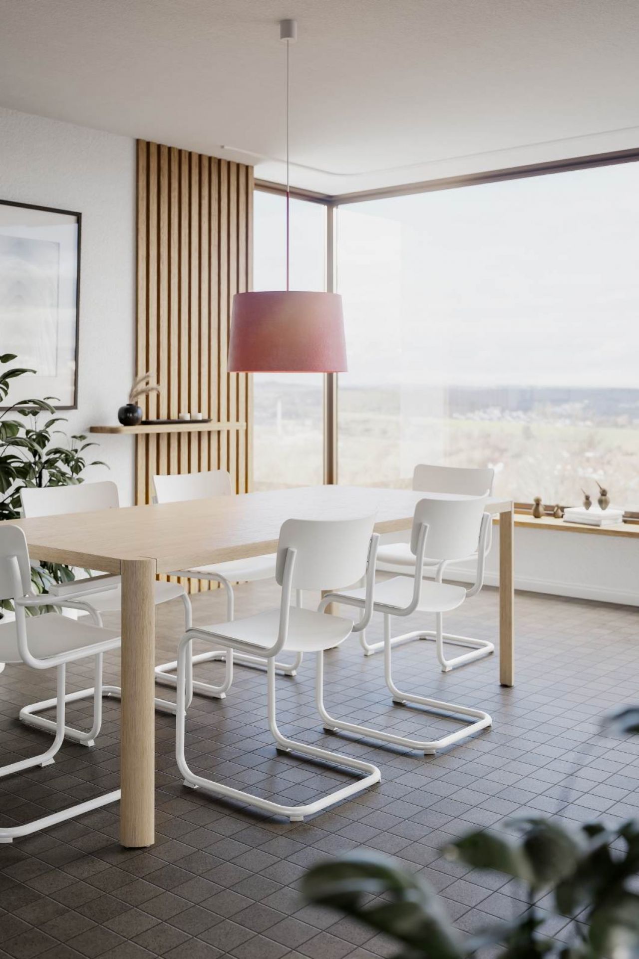 Heller 1140 Thonet Esstisch aus Holz mit weißen Freischwinger Stühlen in modernem Esszimmer.
