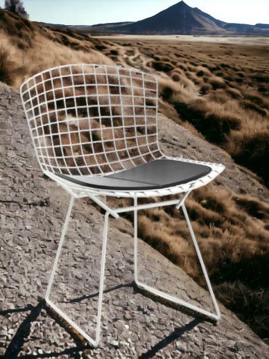 Weißer Bertoia Stuhl Outdoor von Knoll International mit schwarzem Sitzkissen auf Felsen. Design Gartenstuhl.