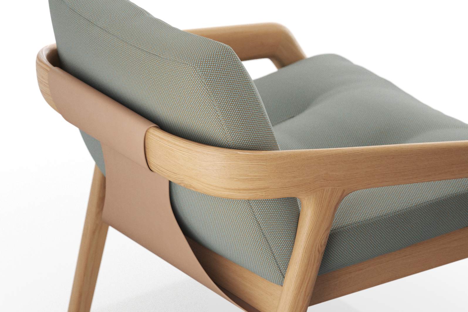 Detailaufnahme vom Friday 1 Sessel: Holzrahmen, grauer Stoffbezug und Lederelemente für modernes Wohnzimmerdesign.